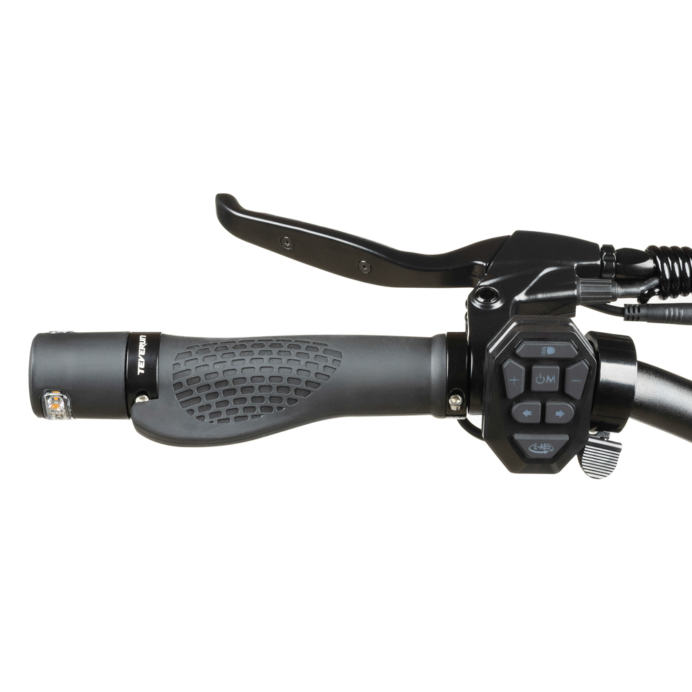 Ein schwarzer Fahrradgriff mit integriertem Licht und Bedienelementen.