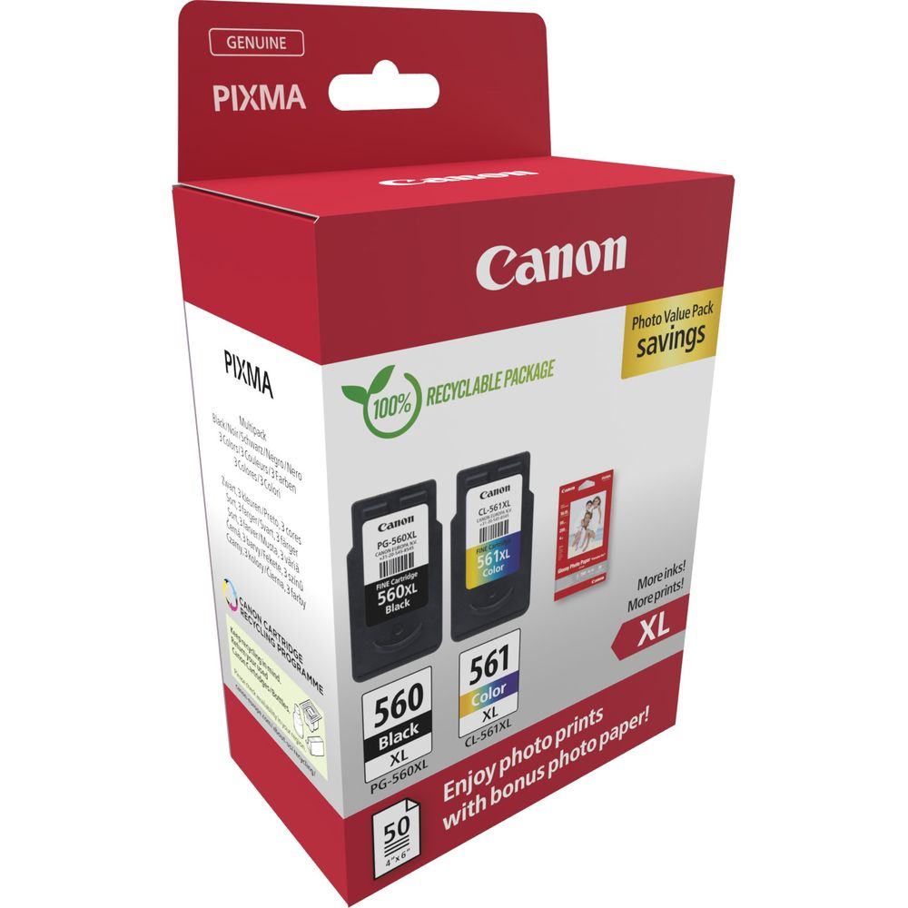 Opakowanie wkładów atramentowych Canon PIXMA z czarnym i kolorowym wkładem. 100% recykling.