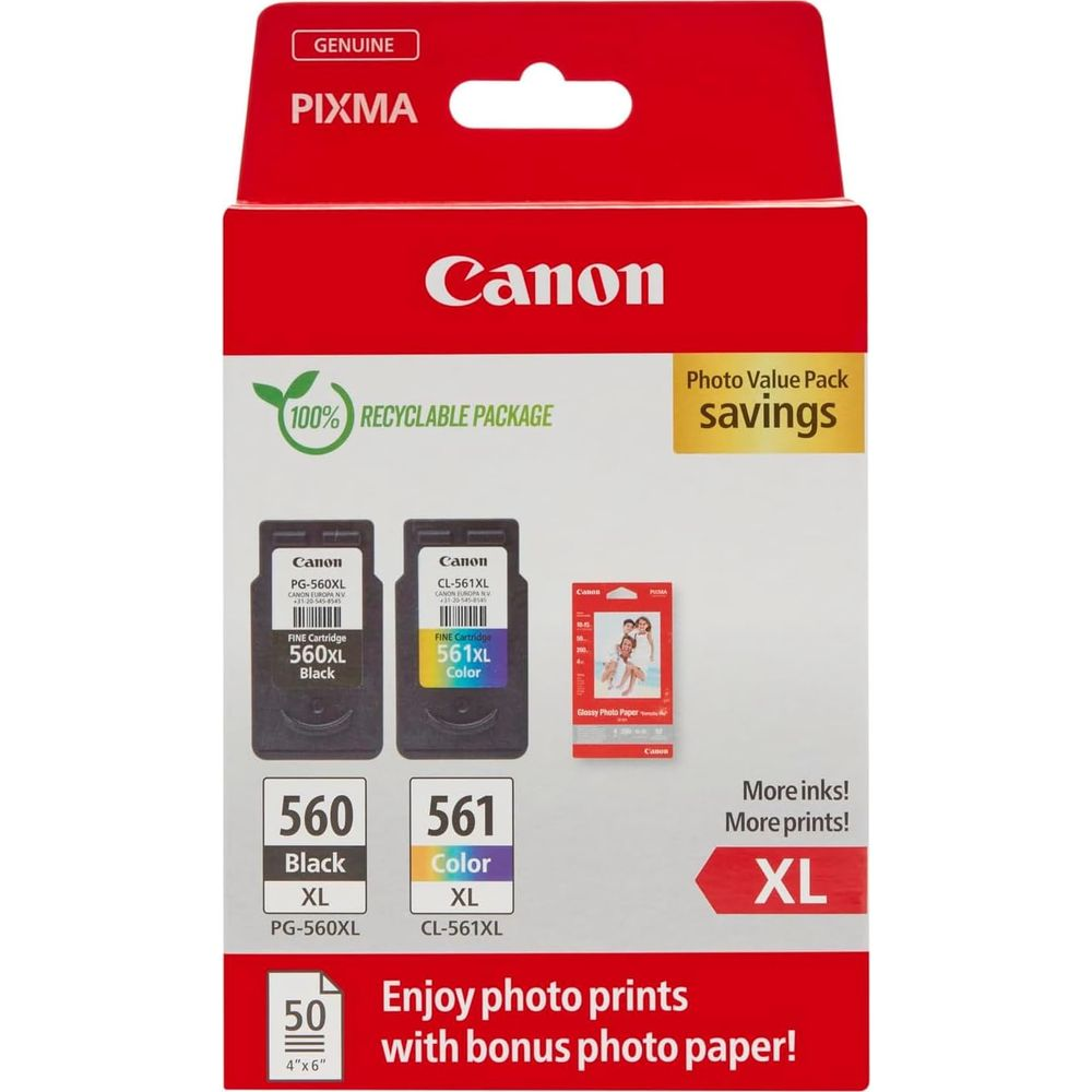 Zestaw wkładów atramentowych Canon Pixma z czarnym i kolorowym wkładem oraz papierem fotograficznym.