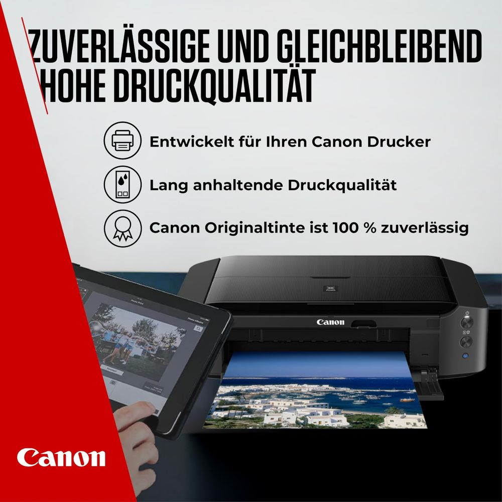 Drukarka Canon z tabletem i wydrukiem sceny. Tekst o jakości druku.