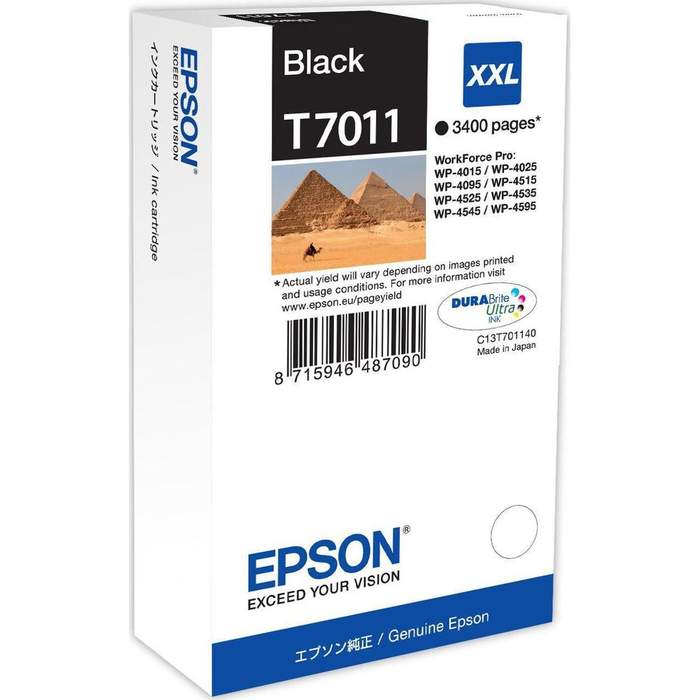 Czarny tusz Epson T7011 XXL z obrazkiem piramid. 3400 stron.