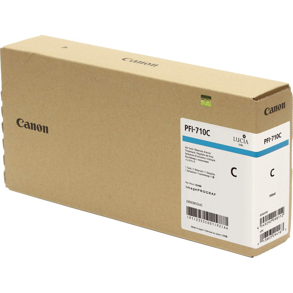 Tusz Canon PFI-710C LUCIA, kartonowe pudełko ze specyfikacją tuszu.