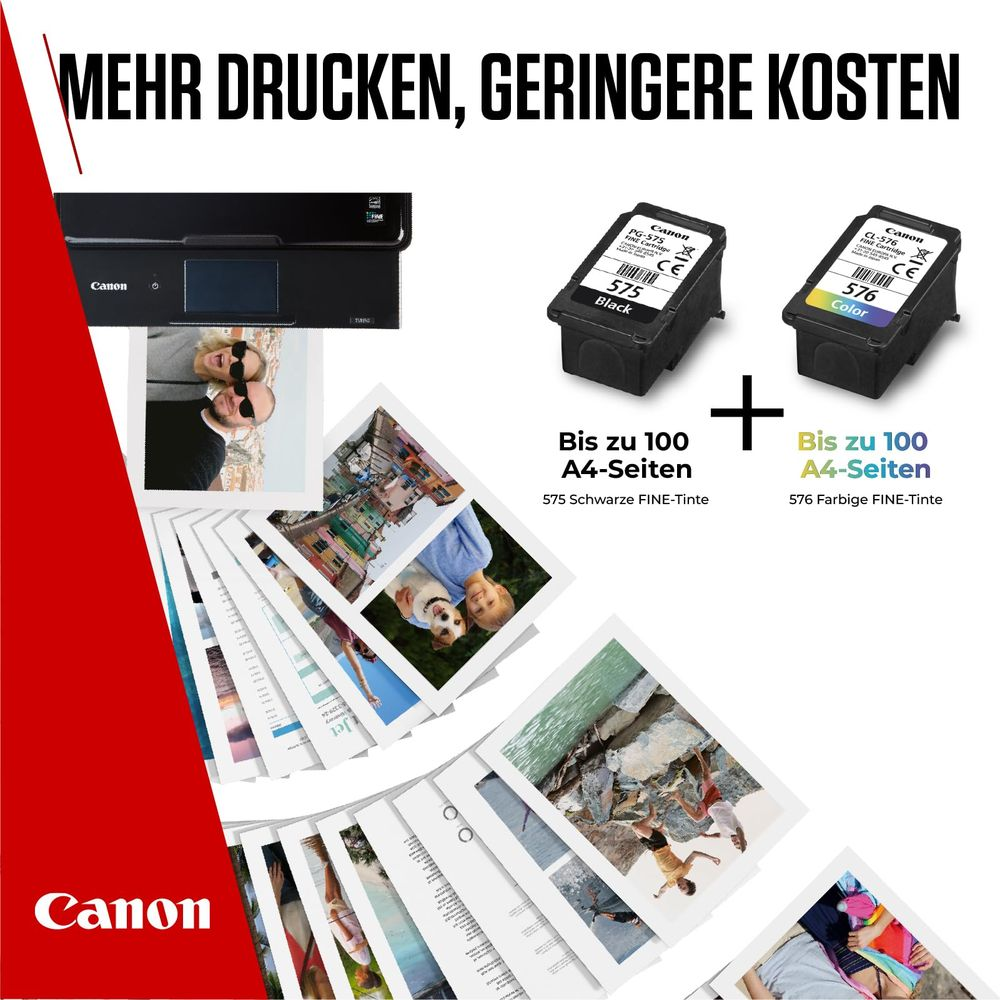 Drukarka Canon z wkładami atramentowymi i wydrukowanymi zdjęciami.