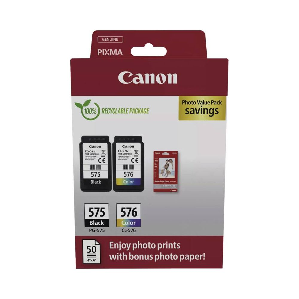 Zestaw wartościowy tuszów Canon Pixma z 50 arkuszami papieru.