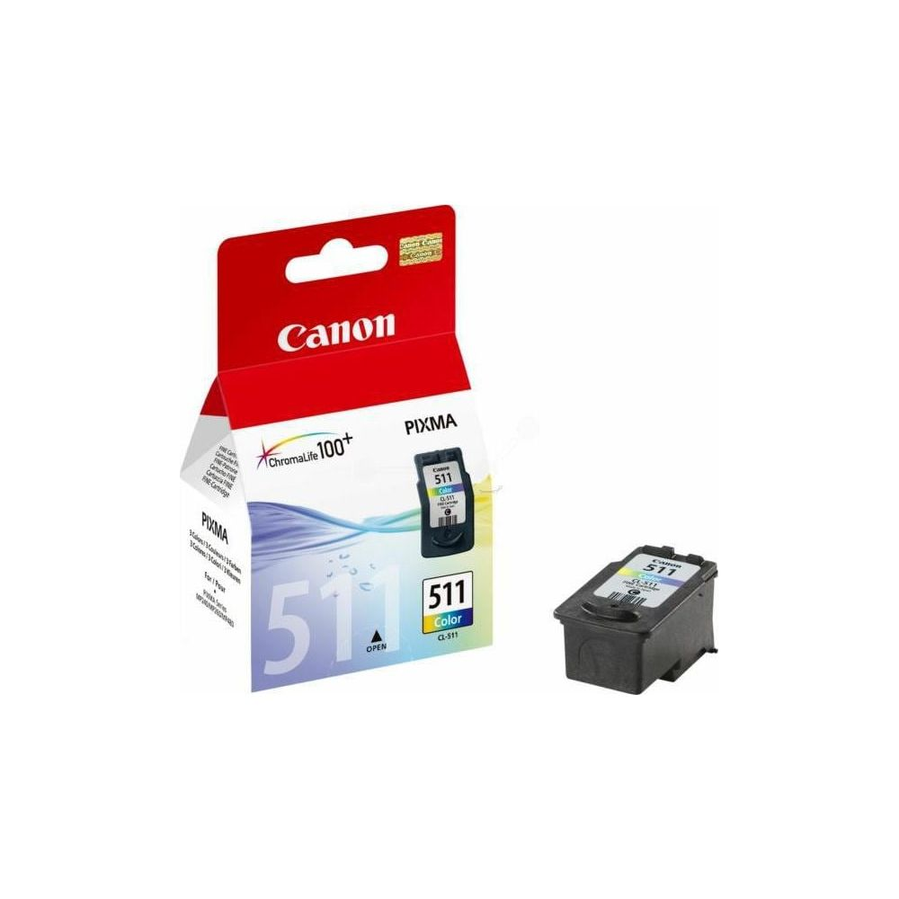 Canon PIXMA 511 kleurentintecartridge met verpakking en losse cartridge.