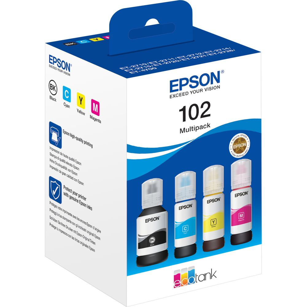 Epson EcoTank 102 multipack with four ink bottles: Black, Cyan, Yellow, and Magenta.