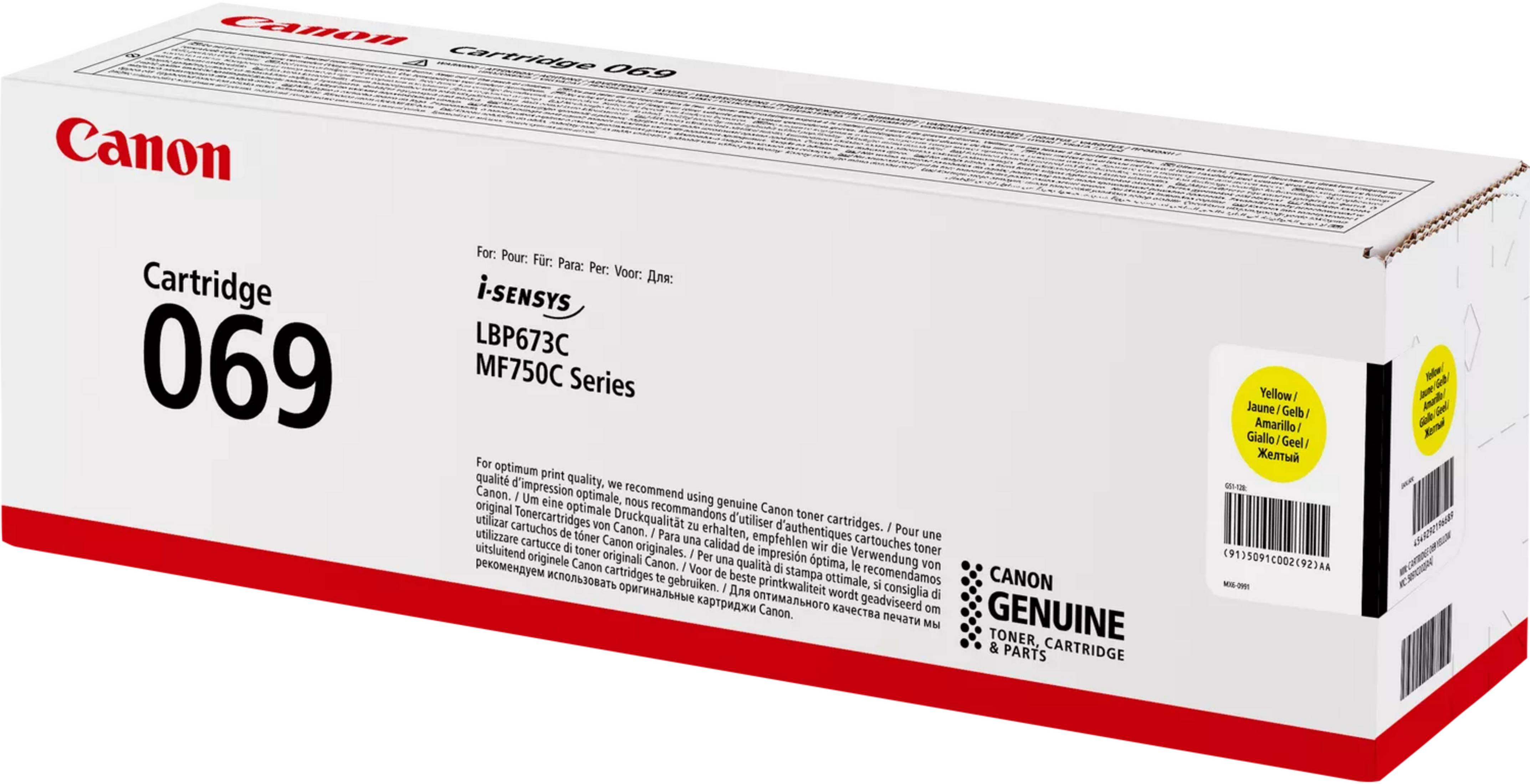 Pudełko Canon Toner Cartridge 069, Żółty. Zawiera informacje o produkcie i kod kreskowy.