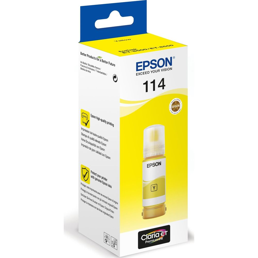 Żółty tusz Epson 114, z napisem, w pudełku kartonowym.