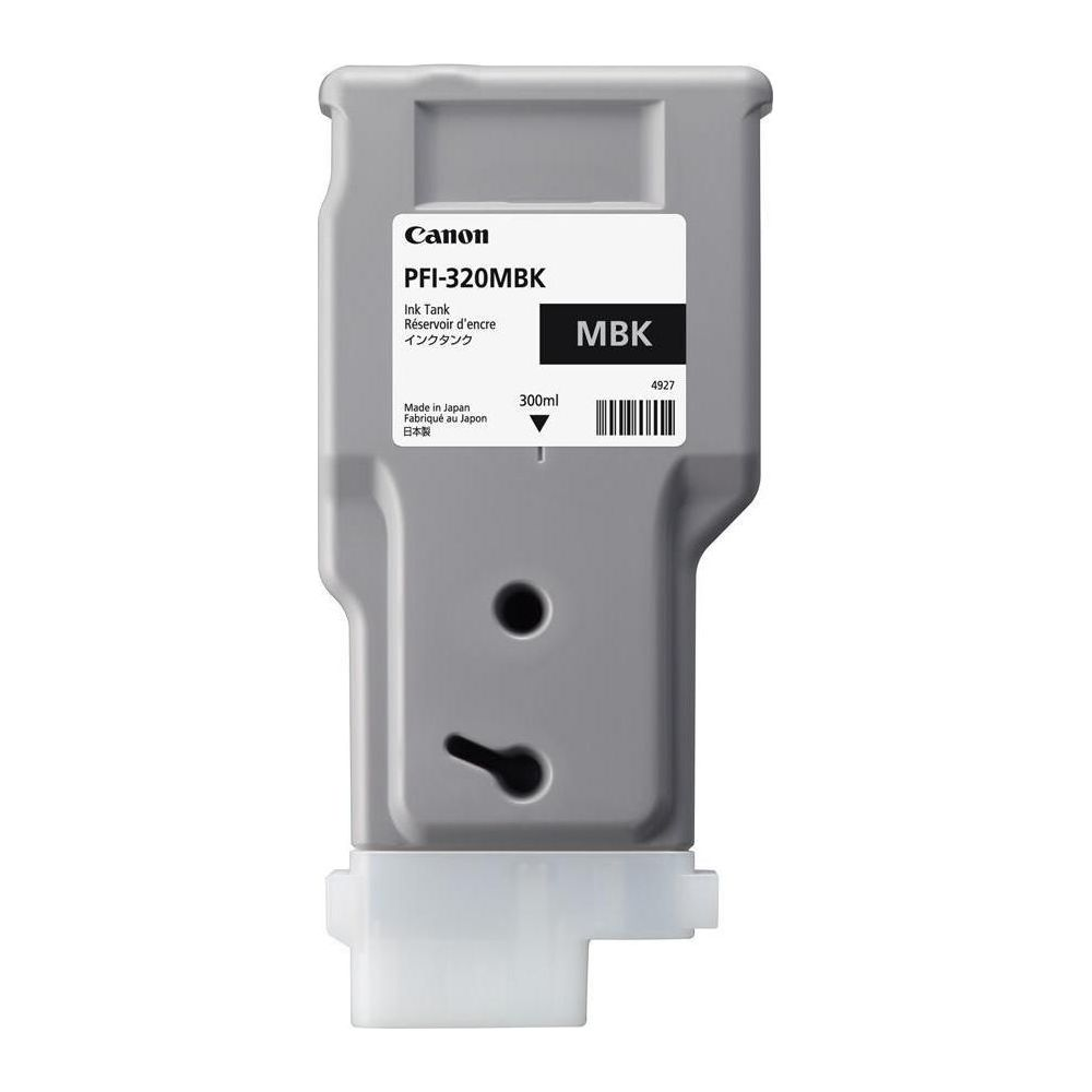 Grijze Canon PFI-320MBK inkttank met MBK-label en 300ml inhoud.