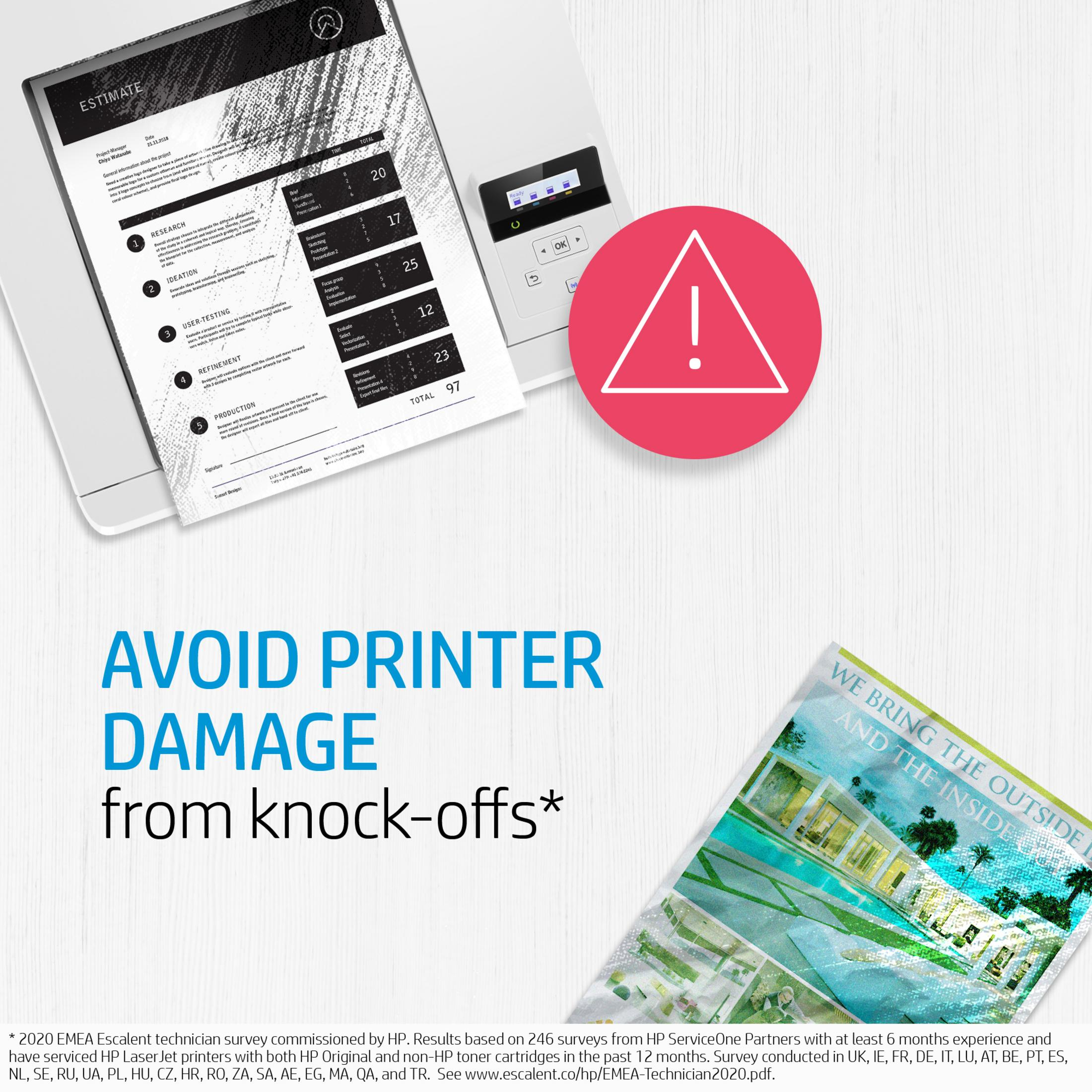 Dokument szacunkowy, drukarka i ikona ostrzeżenia. Tekst: Unikaj uszkodzenia drukarki przez podróbki.