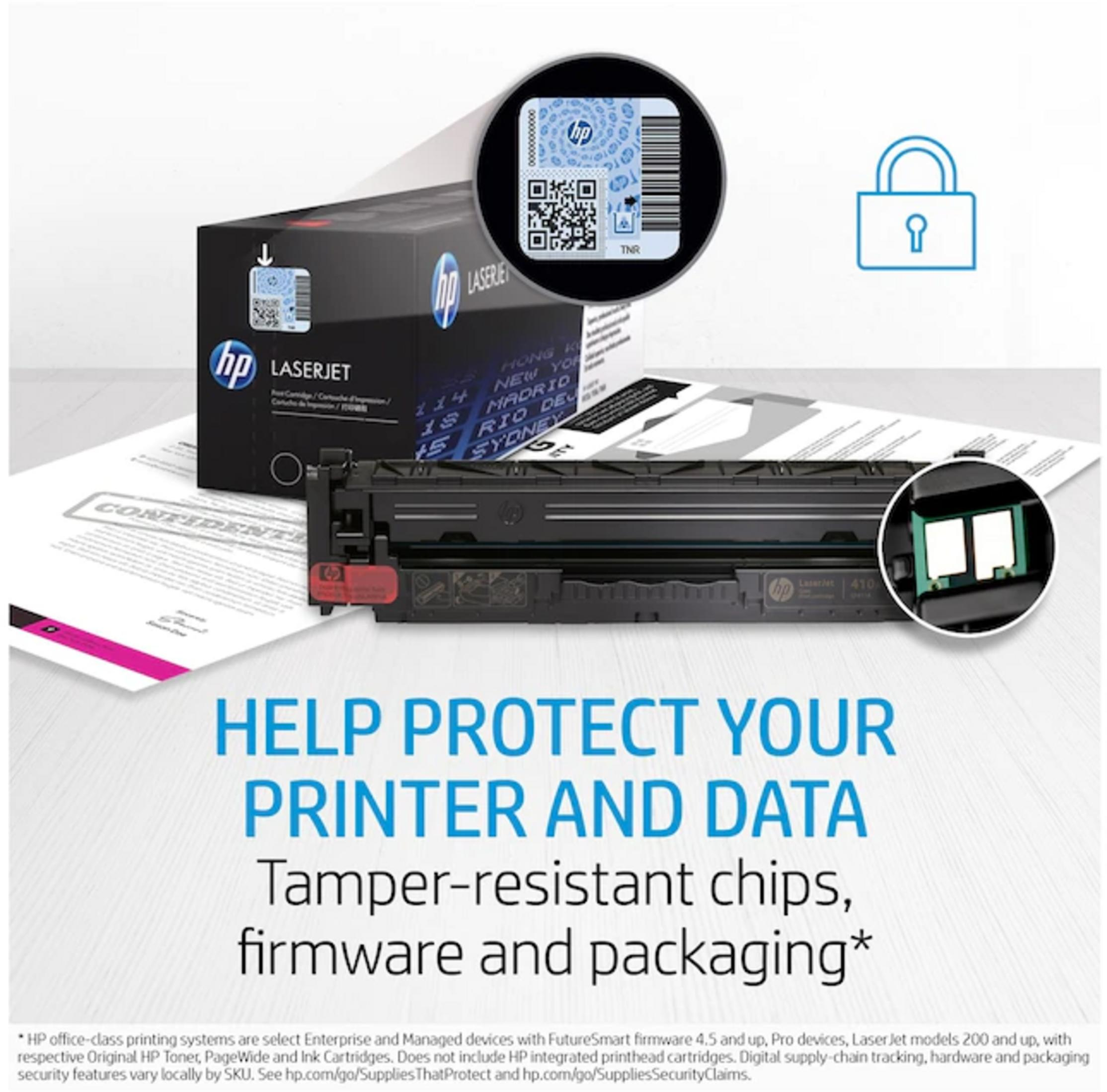 Toner HP LaserJet z etykietą zabezpieczającą i chipem, chroni drukarkę i dane.