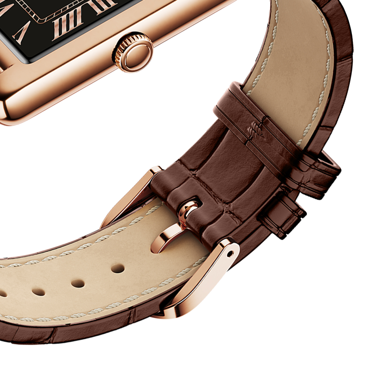 Nahaufnahme einer roségoldenen Uhr mit braunem Lederarmband und Schnalle.