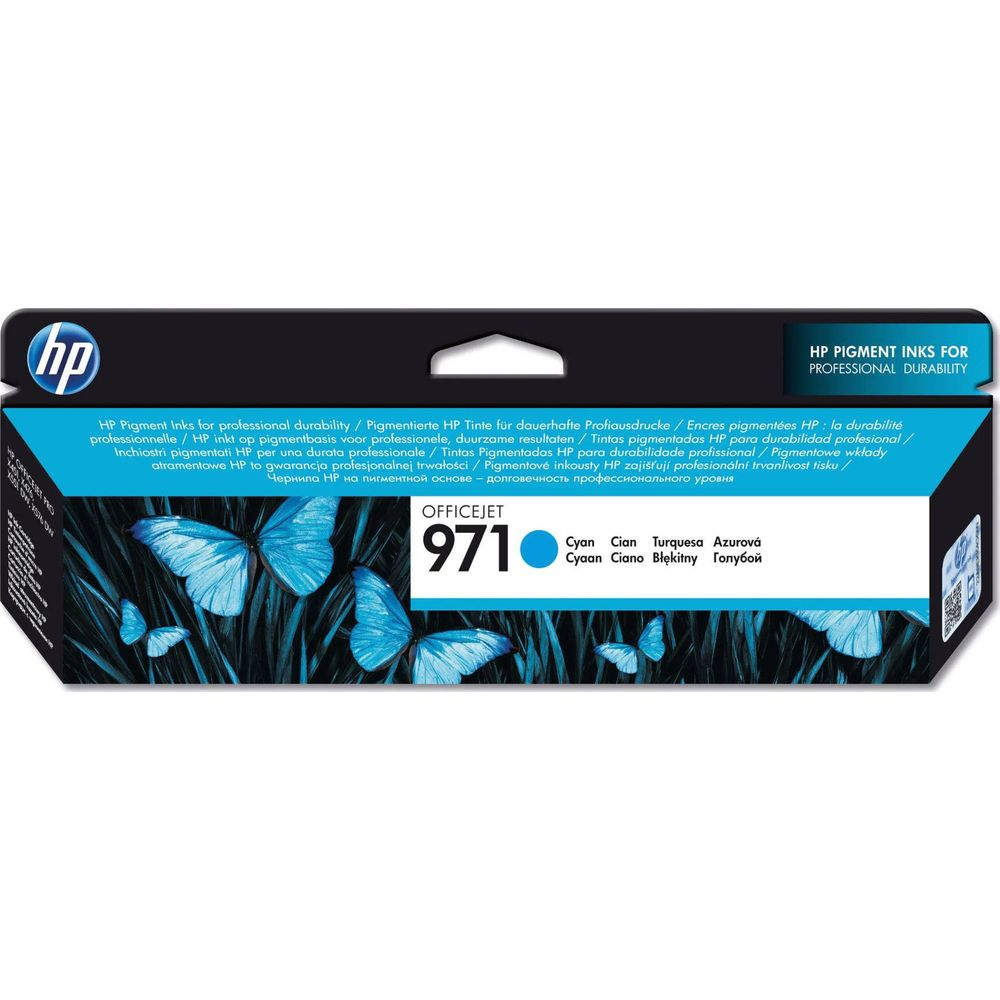 HP OfficeJet 971 Cyan ink cartridge with blue butterflies on a black background.