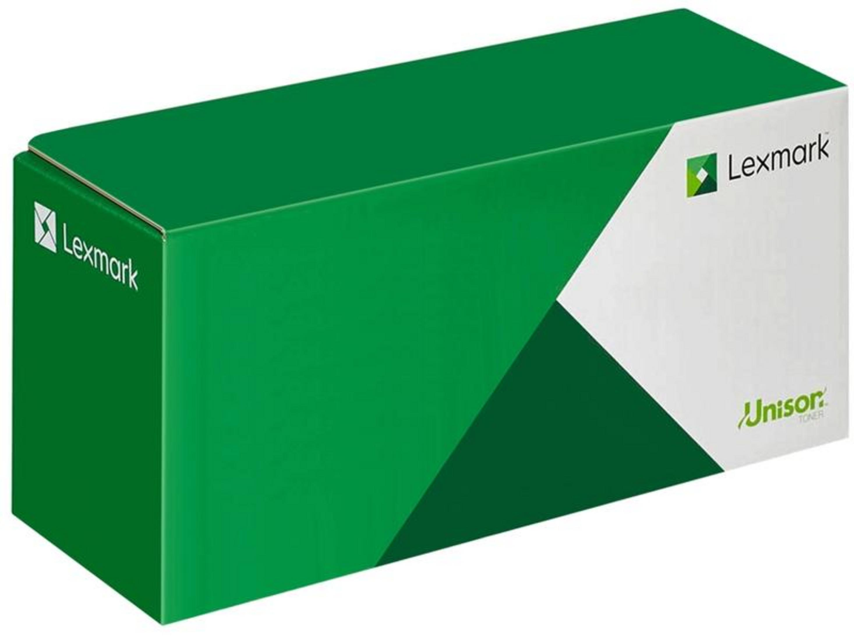 Grüne Lexmark-Tonerbox mit schrägem Design und Markenlogo.