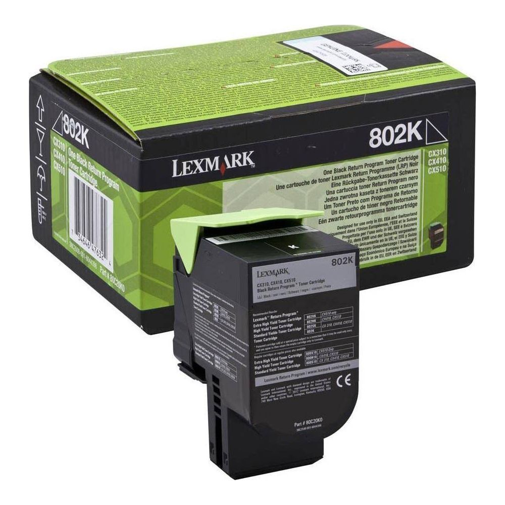 Czarny toner Lexmark 802K z pudełkiem i produktem.