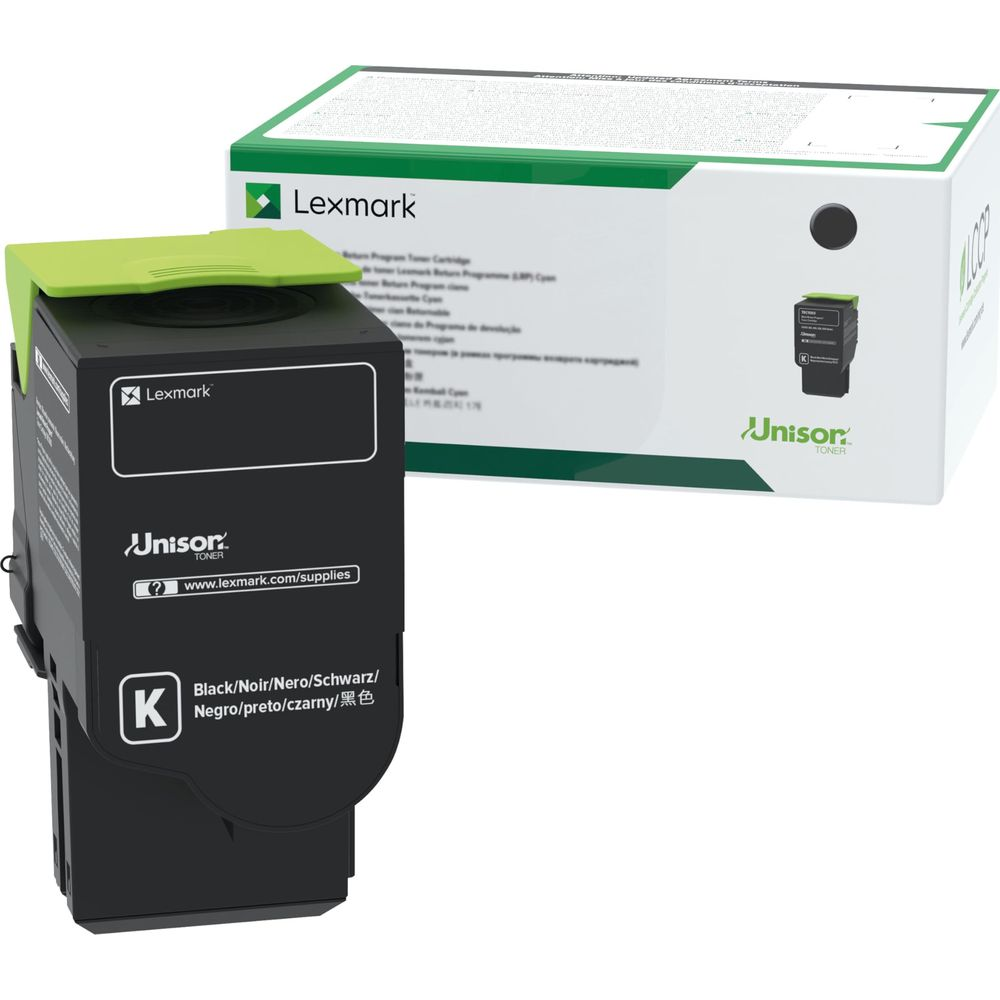 Toner Lexmark z zieloną nakładką i opakowaniem.