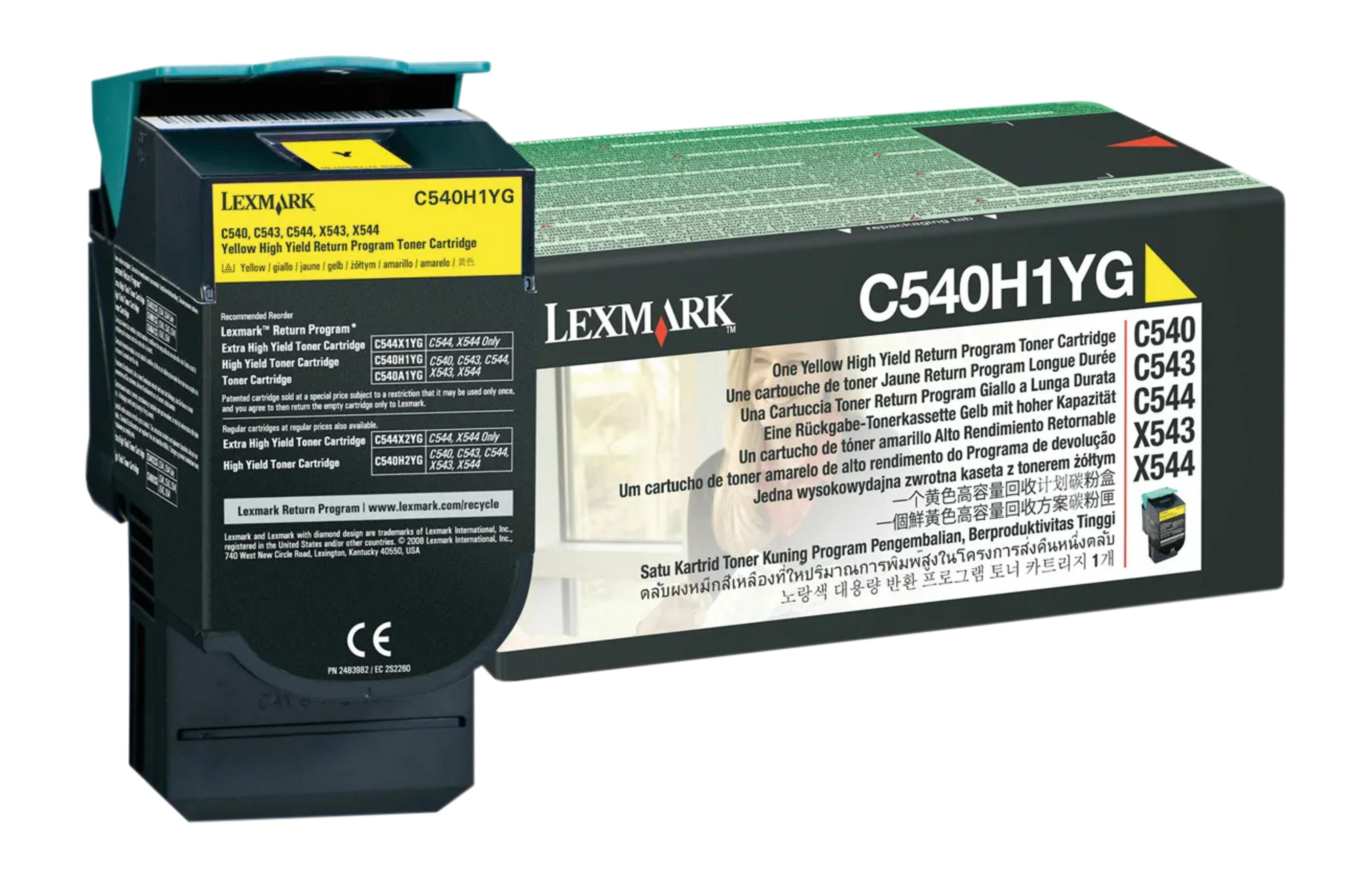 Lexmark C540H1YG gele toner cartridge met doos en tekst.