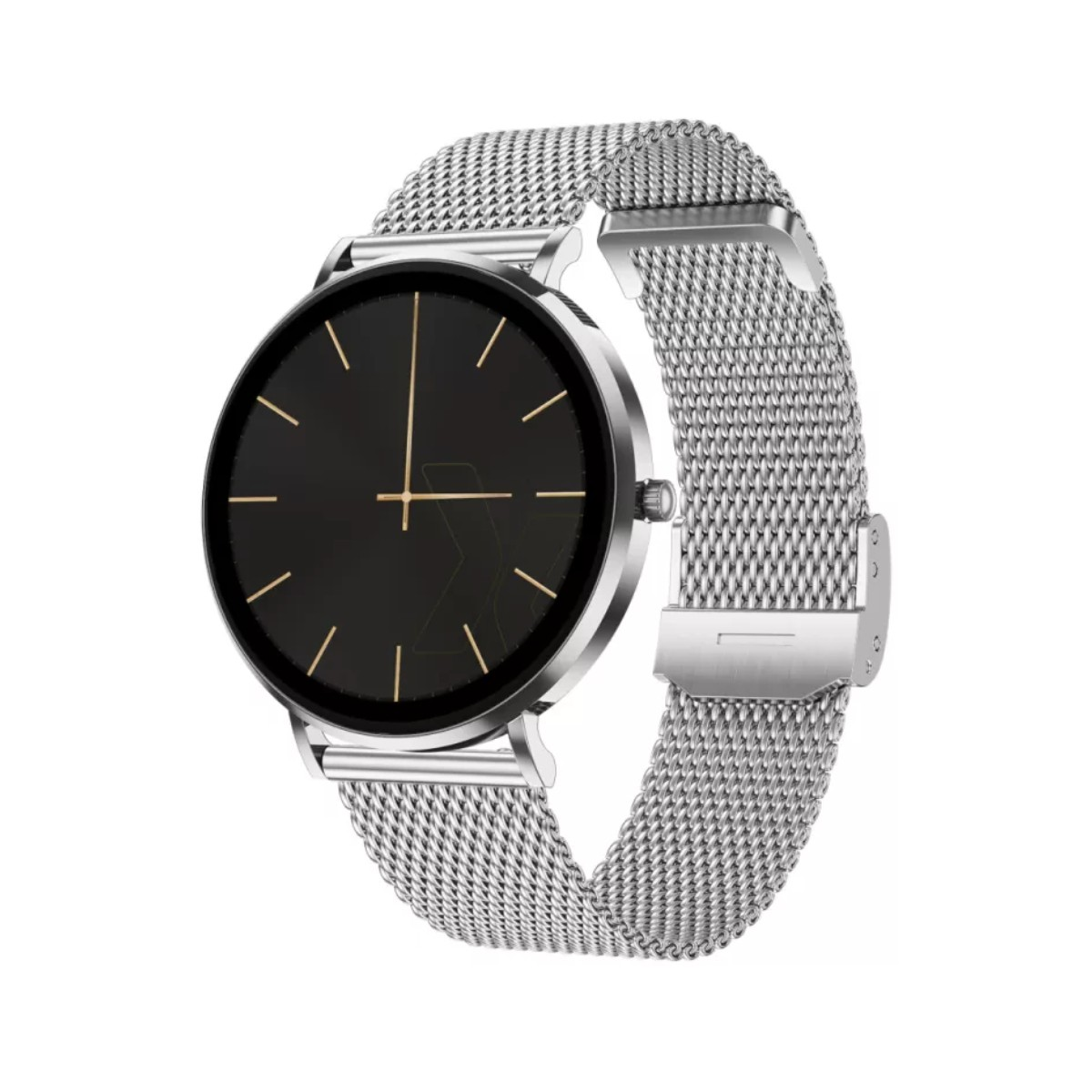 Uno smartwatch argentato con quadrante nero e cinturino milanese.