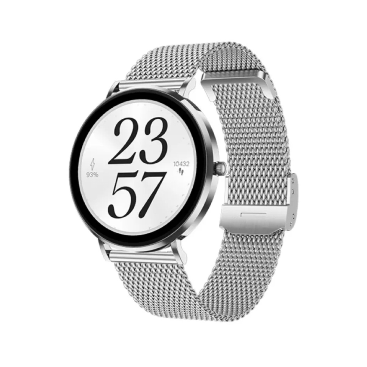 Smartwatch argento con cinturino milanese, ora 23:57 e batteria 93%.