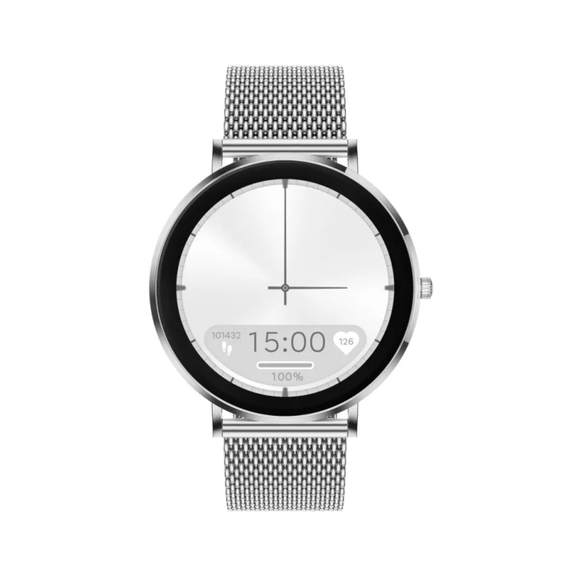 Uno smartwatch argentato con cinturino milanese mostra le 15:00.