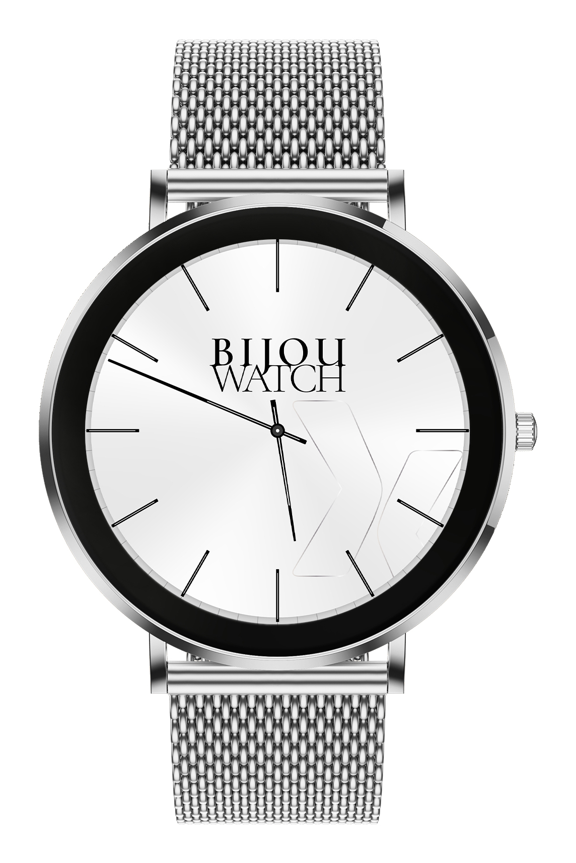 Orologio argentato a maglia con quadrante bianco e lunetta nera.