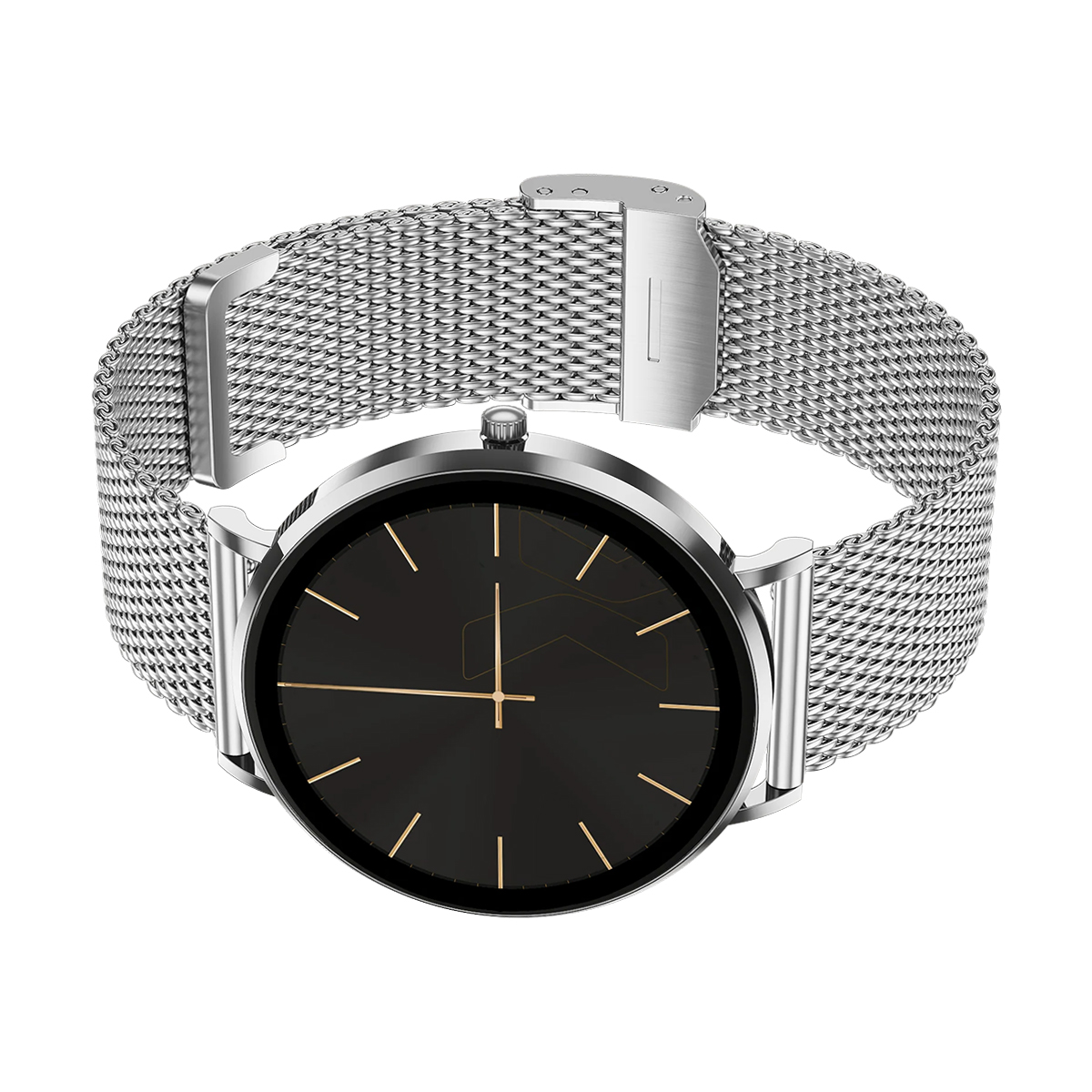 Uno smartwatch argento con quadrante nero e cinturino milanese.