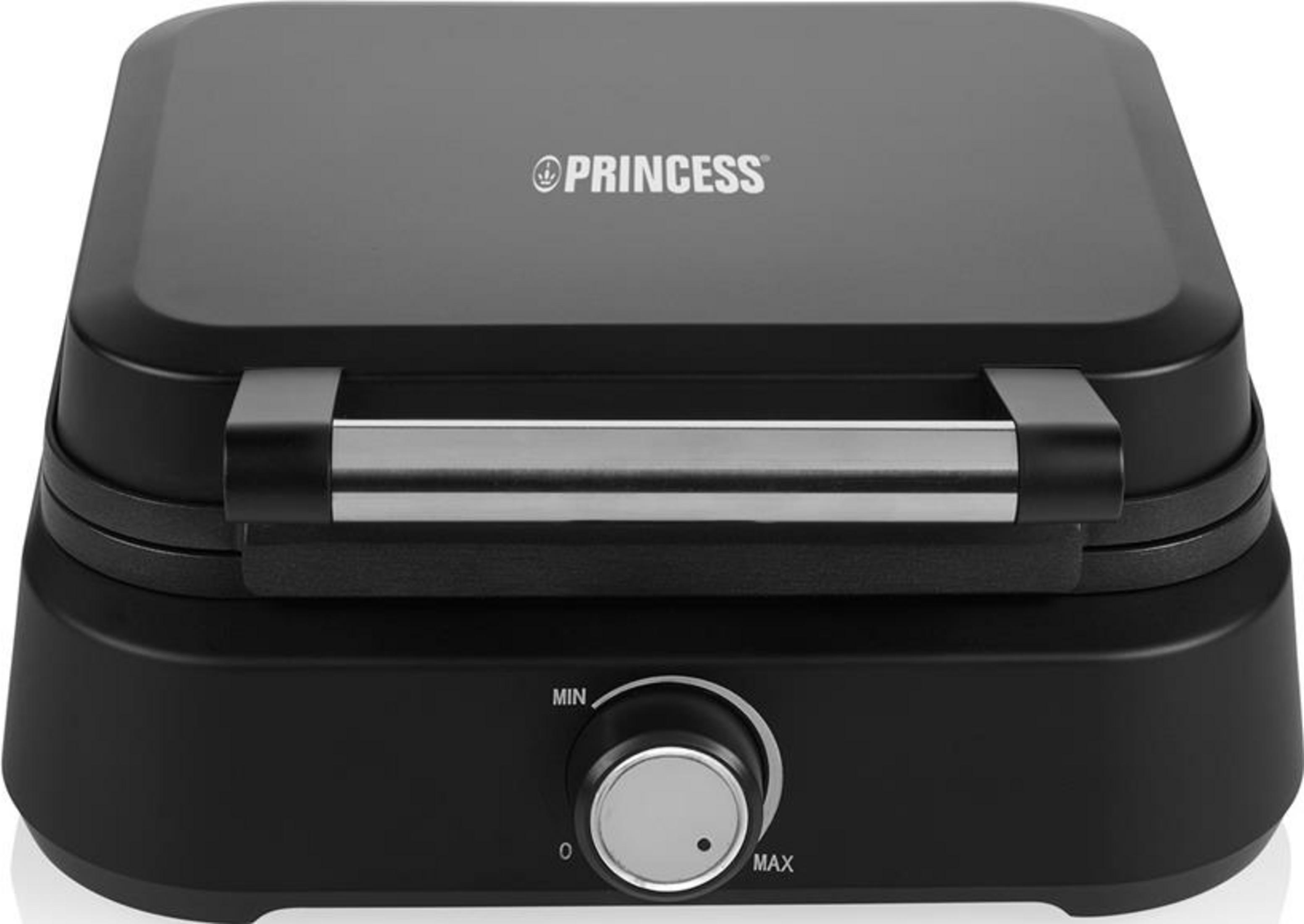 Czarny grill kontaktowy z srebrną rączką i pokrętłem. Logo Princess na górze.