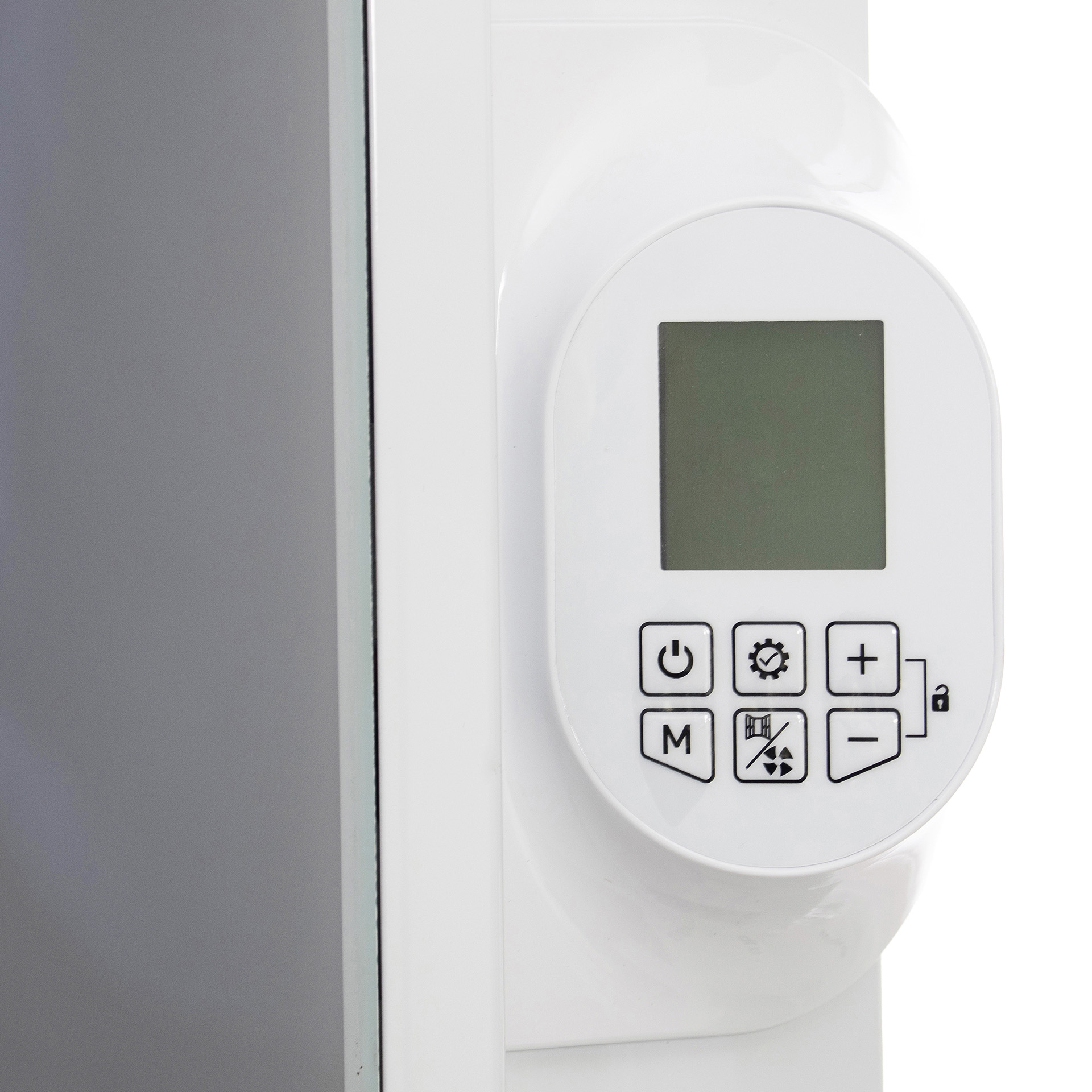 Panel de control blanco con pantalla e iconos: Encendido, Engranaje, Más, Menos, M, Ventilador, Bloqueo.