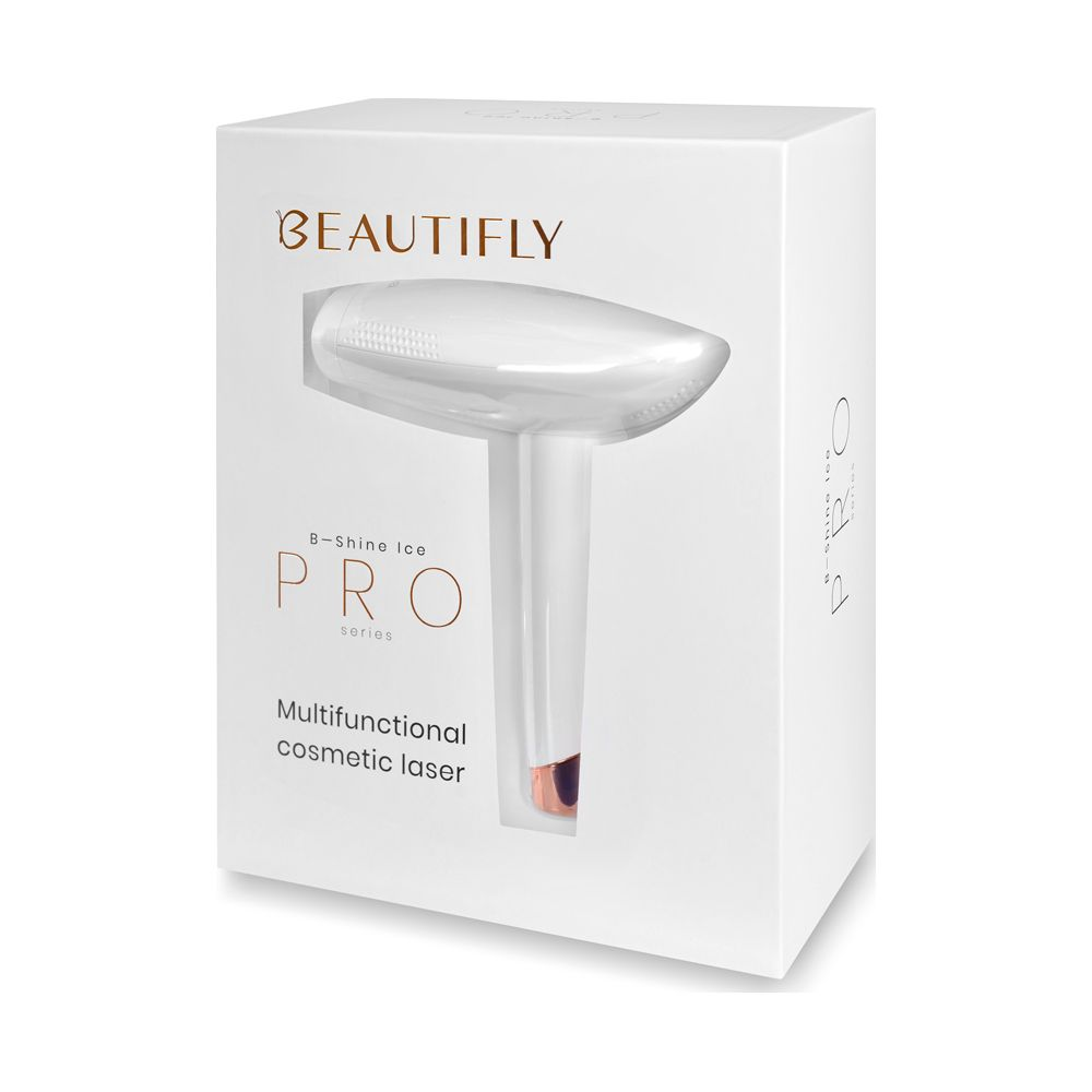 Białe pudełko z kosmetycznym urządzeniem laserowym. Napis: BEAUTIFLY PRO.