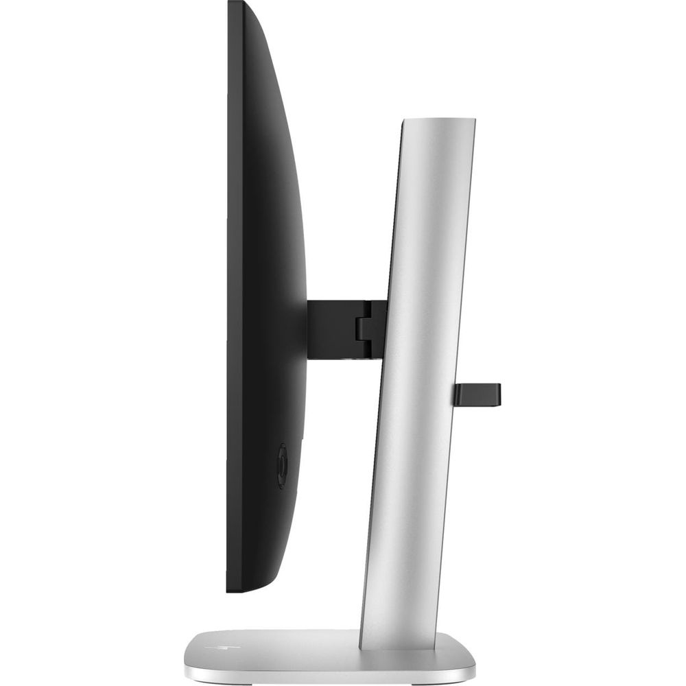 Un monitor nero con supporto argentato, visto di lato.