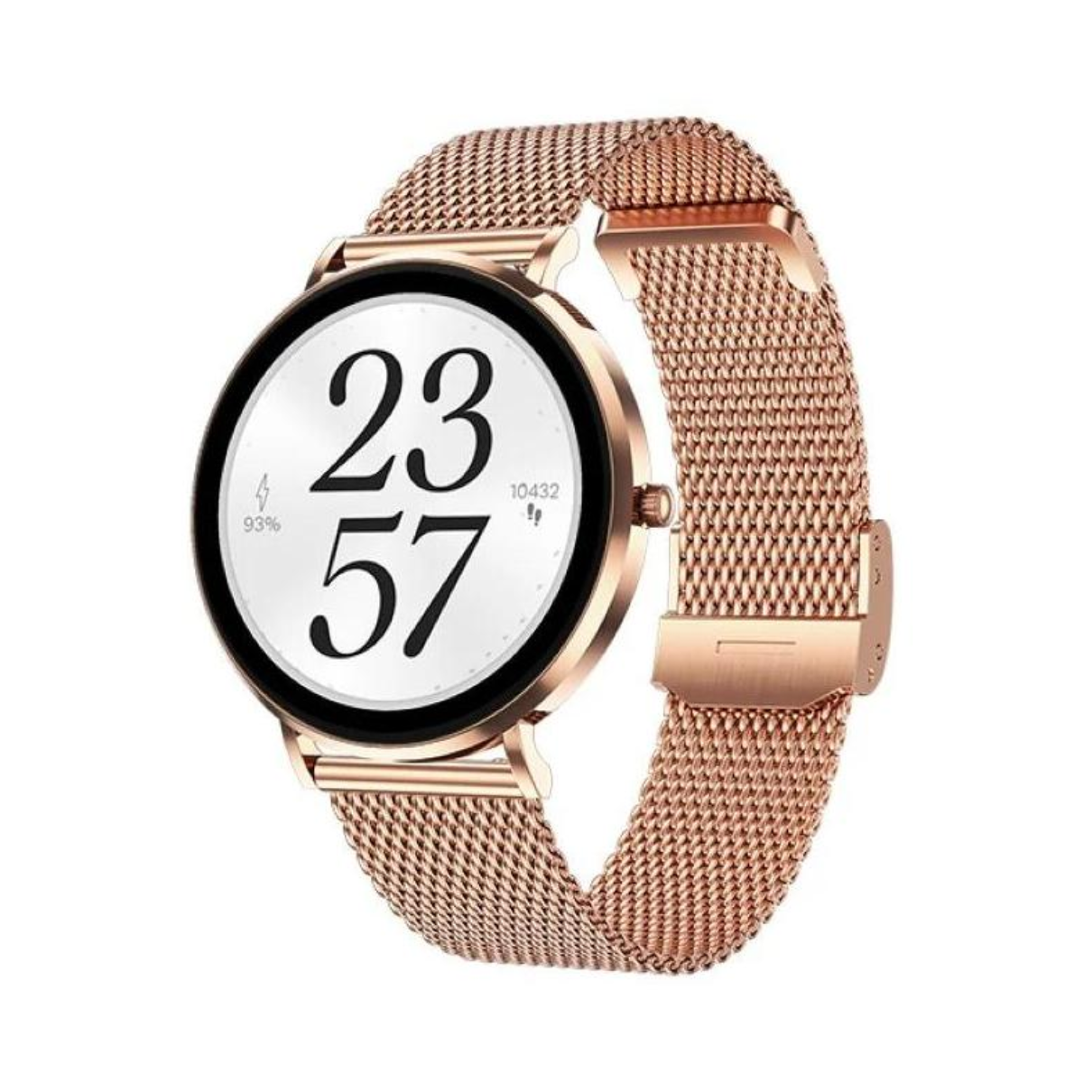 Uno smartwatch color oro rosa con quadrante bianco e cinturino a rete.