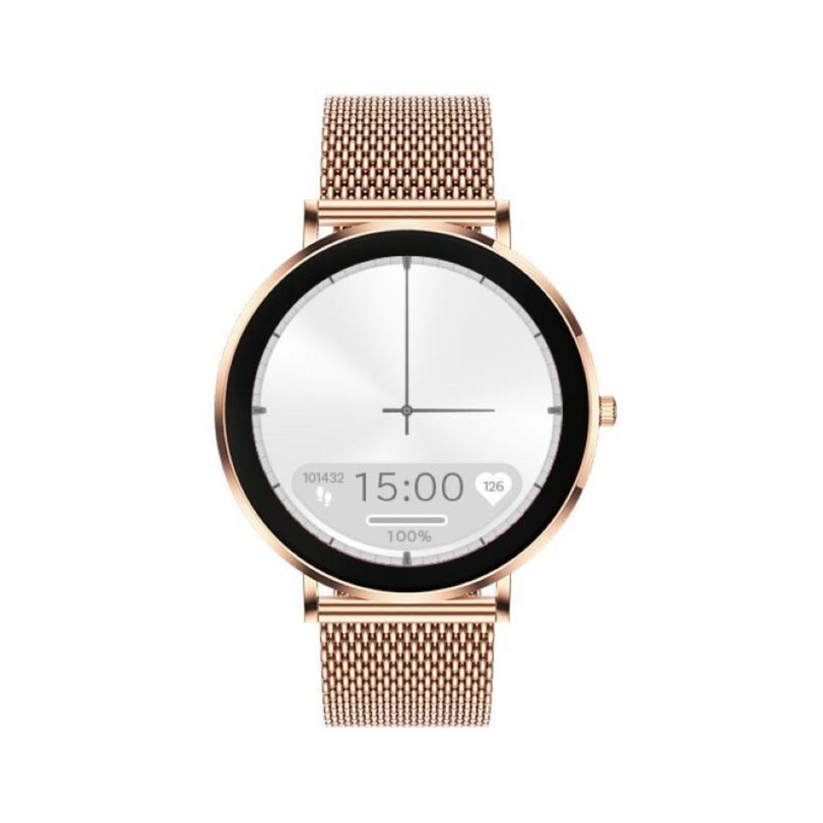 Uno smartwatch oro rosa con quadrante bianco, ore 15:00, batteria 100%.