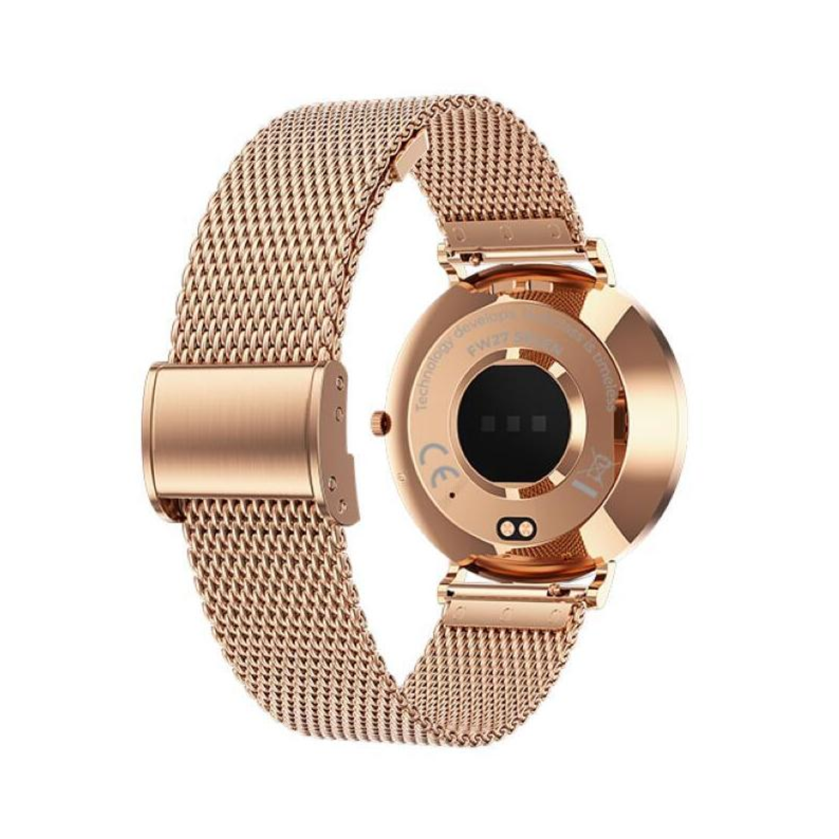 Uno smartwatch color oro rosa con cinturino in rete, retro sensore e marchio CE.