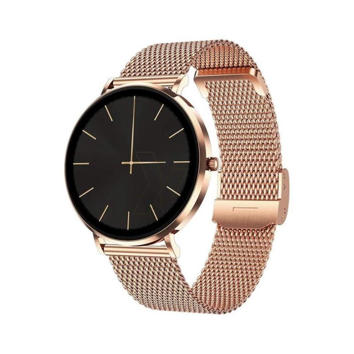 Uno smartwatch oro rosa con quadrante nero e cinturino milanese.