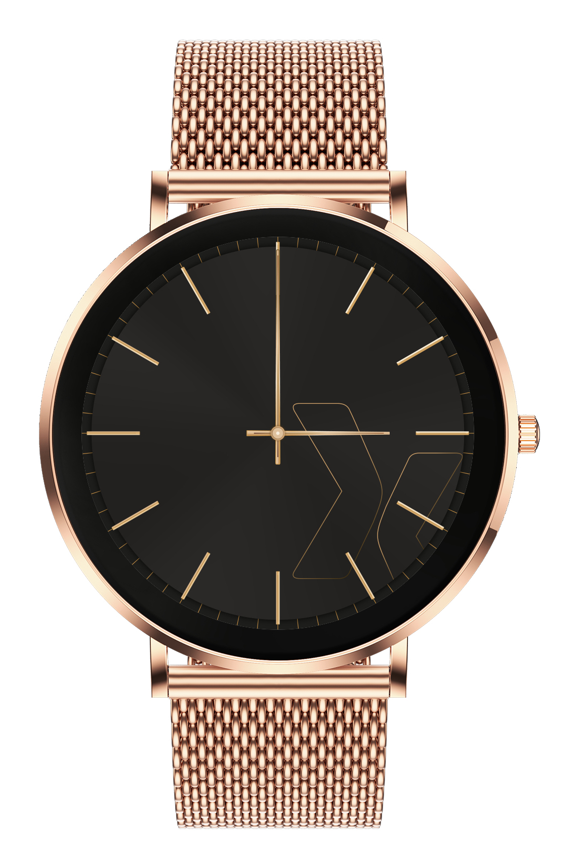 Un orologio in oro rosa con quadrante nero e indici a linea.