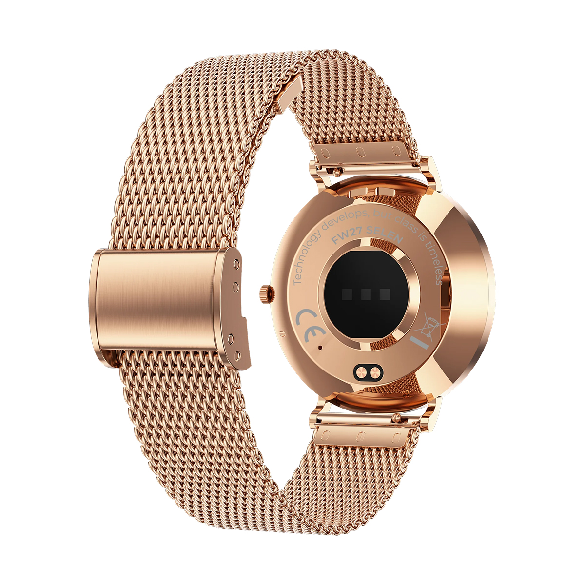 Uno smartwatch oro rosa con cinturino milanese, vista posteriore.