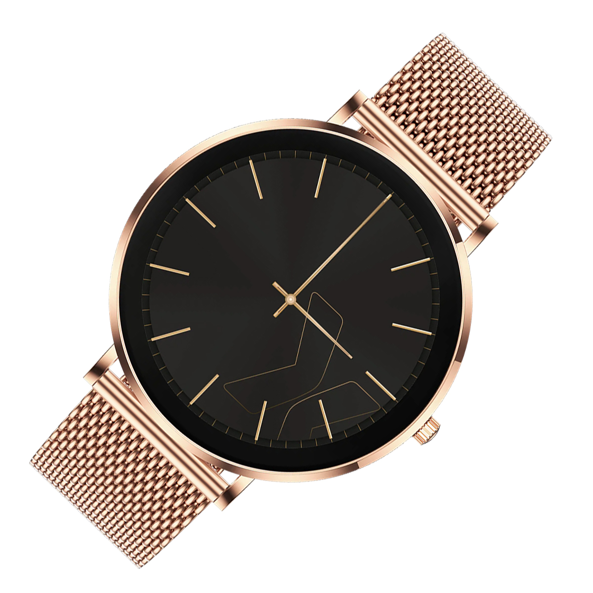 Un orologio in oro rosa con quadrante nero e cinturino in maglia.