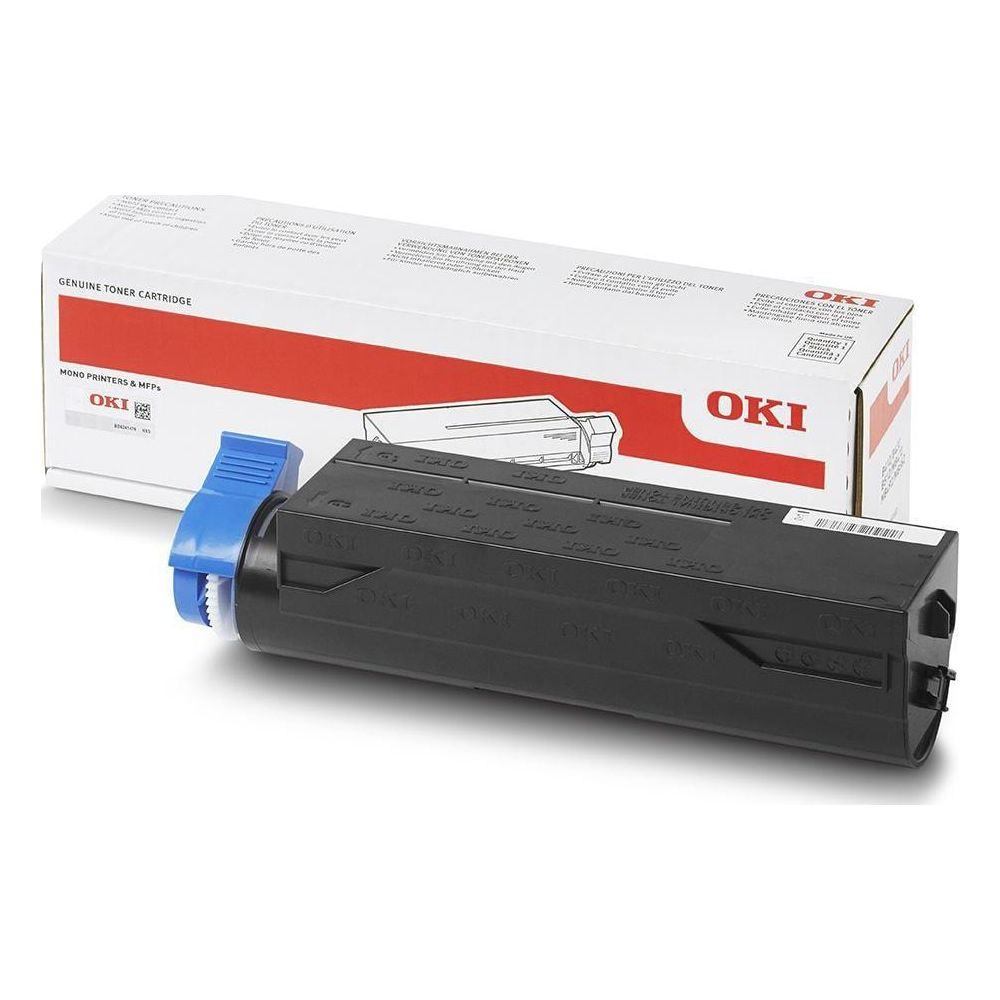 Cartuccia toner OKI nera con leva blu e scatola.