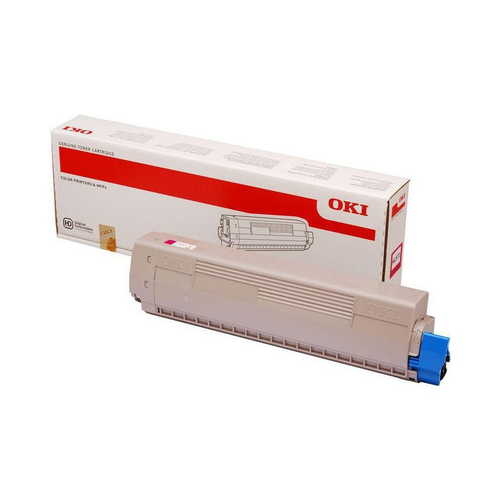 Beżowy kartridż z tonerem OKI przed otwartym pudełkiem OKI. Białe i czerwone opakowanie.