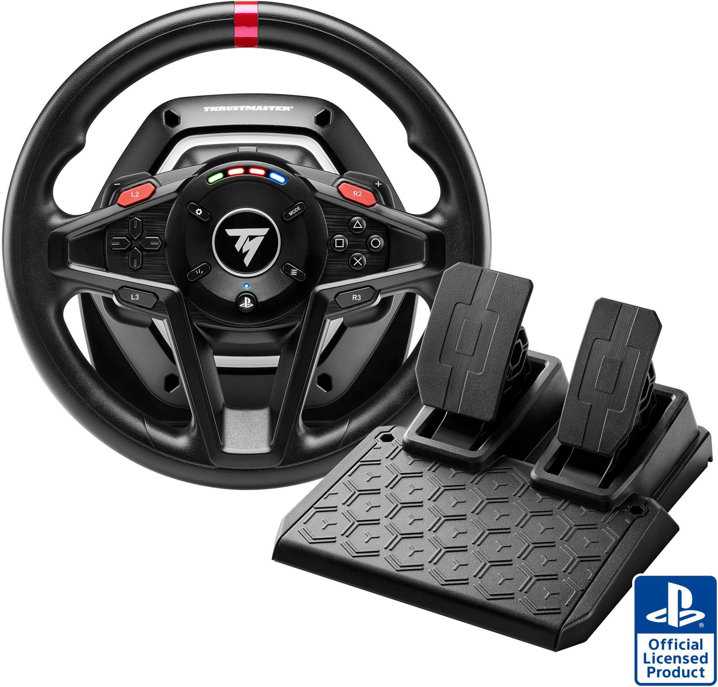 Volant de jeu noir avec pédales. Comprend des boutons et un logo PlayStation.