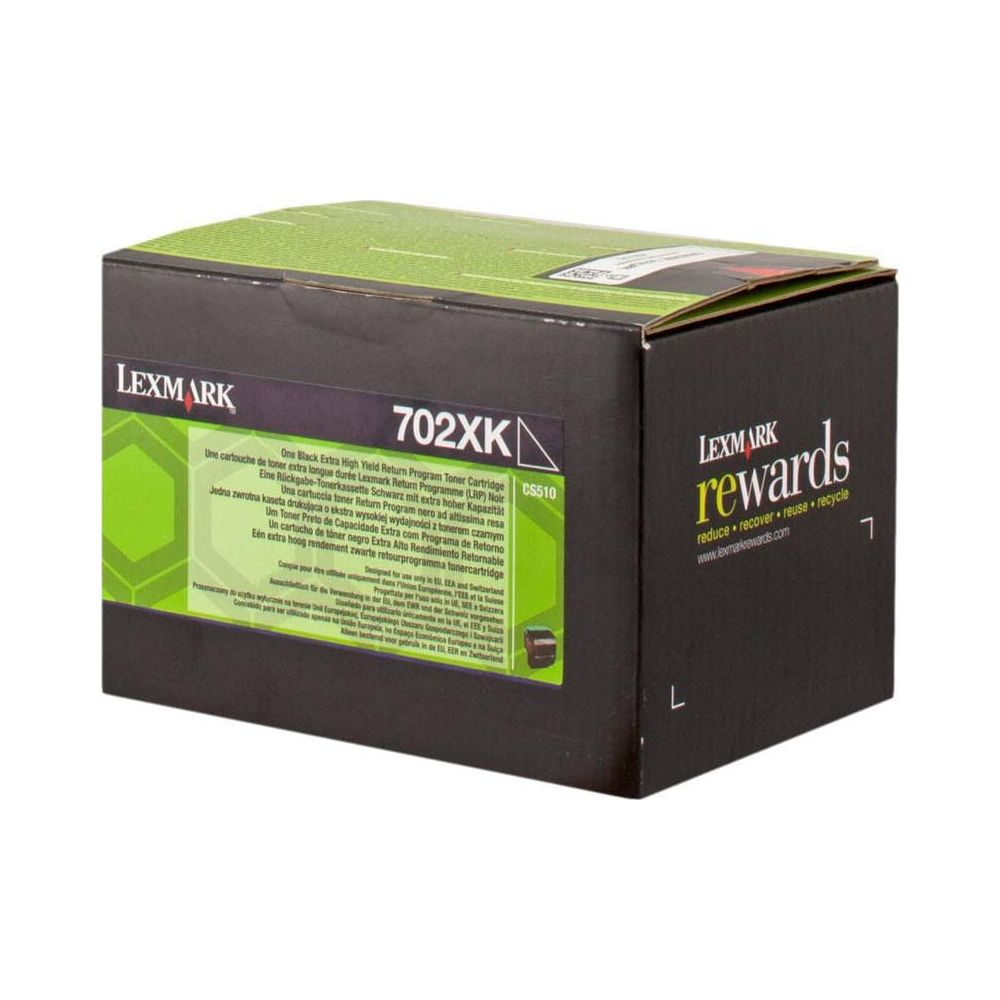 Lexmark 702XK Toner-Kassette im Karton mit mehrsprachiger Produktbeschreibung.