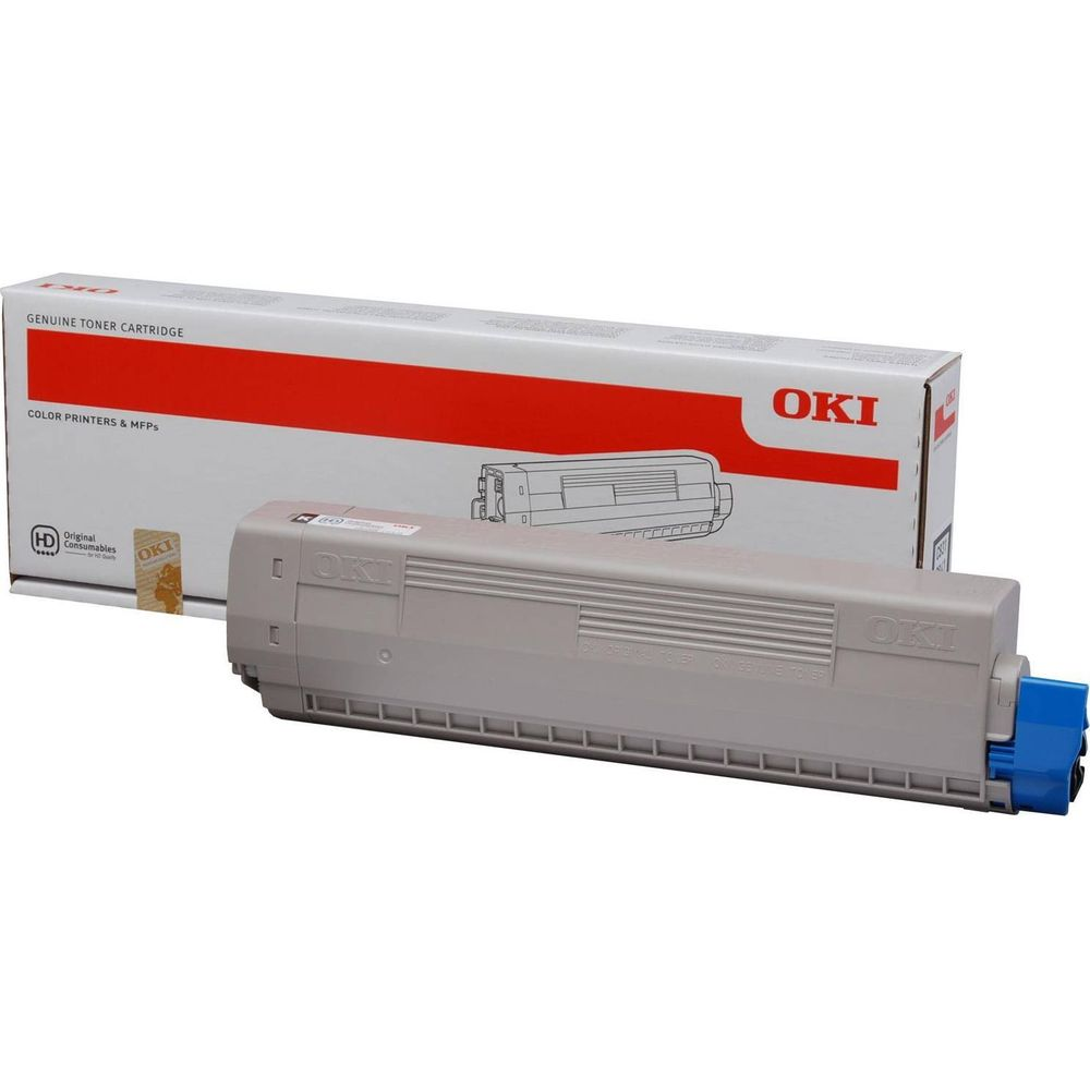 Grauer OKI-Toner mit blauer Kappe und OKI-Box mit rotem Streifen.