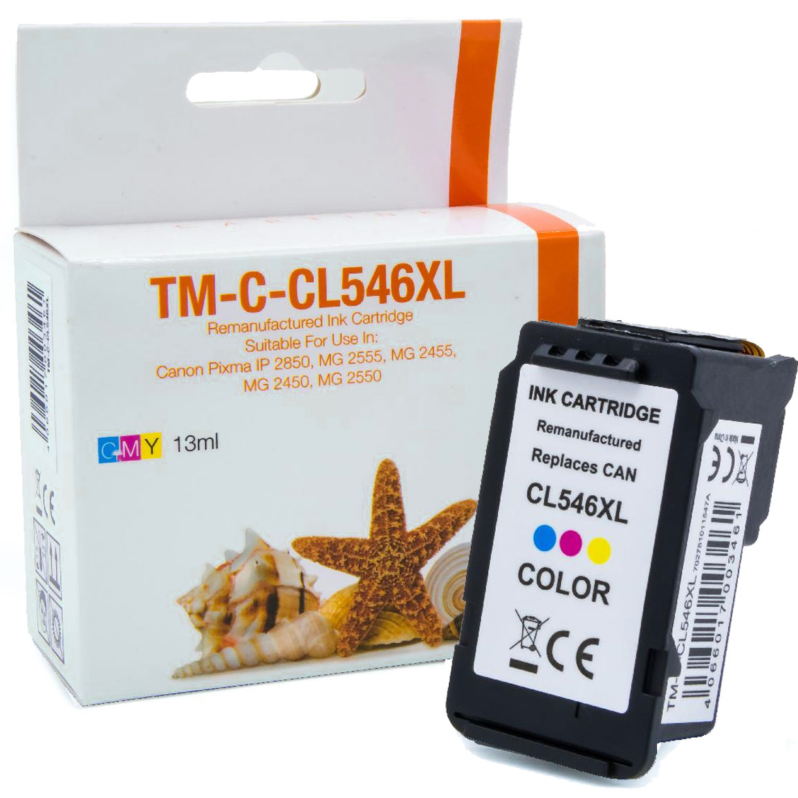 Eine TM-C-CL546XL Farbtintenpatrone und ihre Verpackung mit Seesternen.