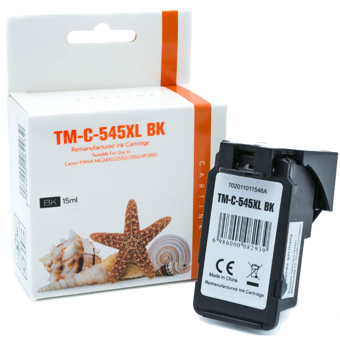 Eine schwarze Tintenpatrone TM-C-545XL und ihre Verpackung mit Seestern und Muscheln.