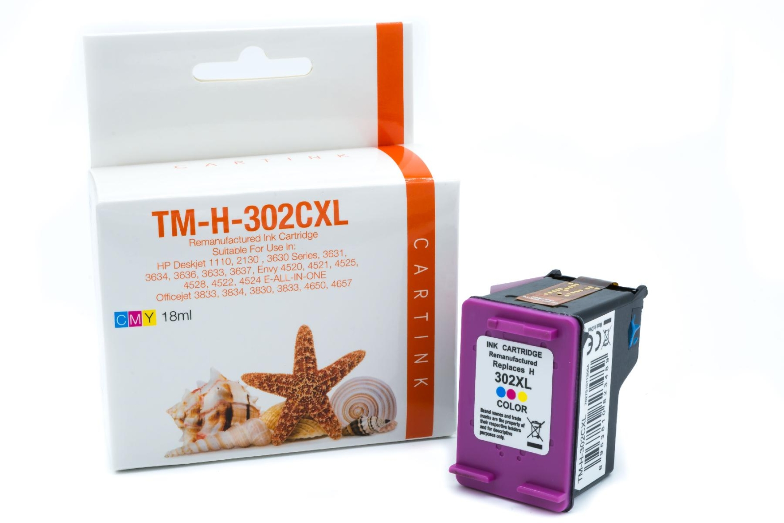 Ein violetter CMYK-Druckerpatronen-Verpackungskarton und eine einzelne Patrone.
