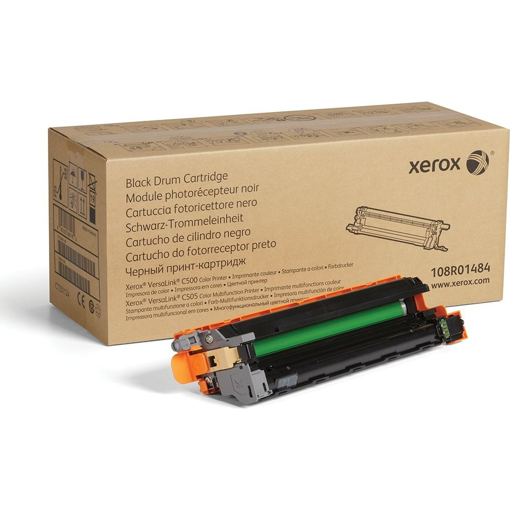 Czarny bęben Xerox, modele C500/C505, z pomarańczowym uchwytem.
