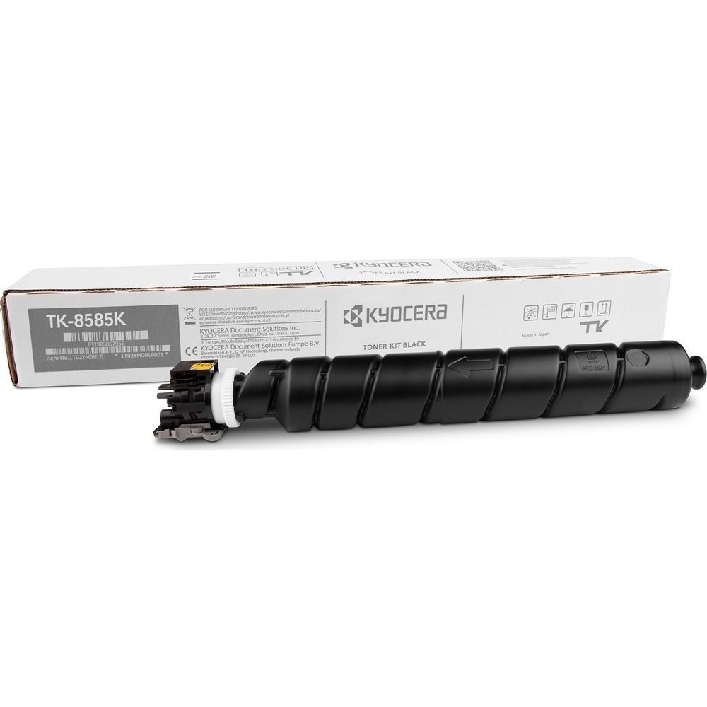 Czarny zestaw tonerów Kyocera TK-8585K w opakowaniu, na białym tle.