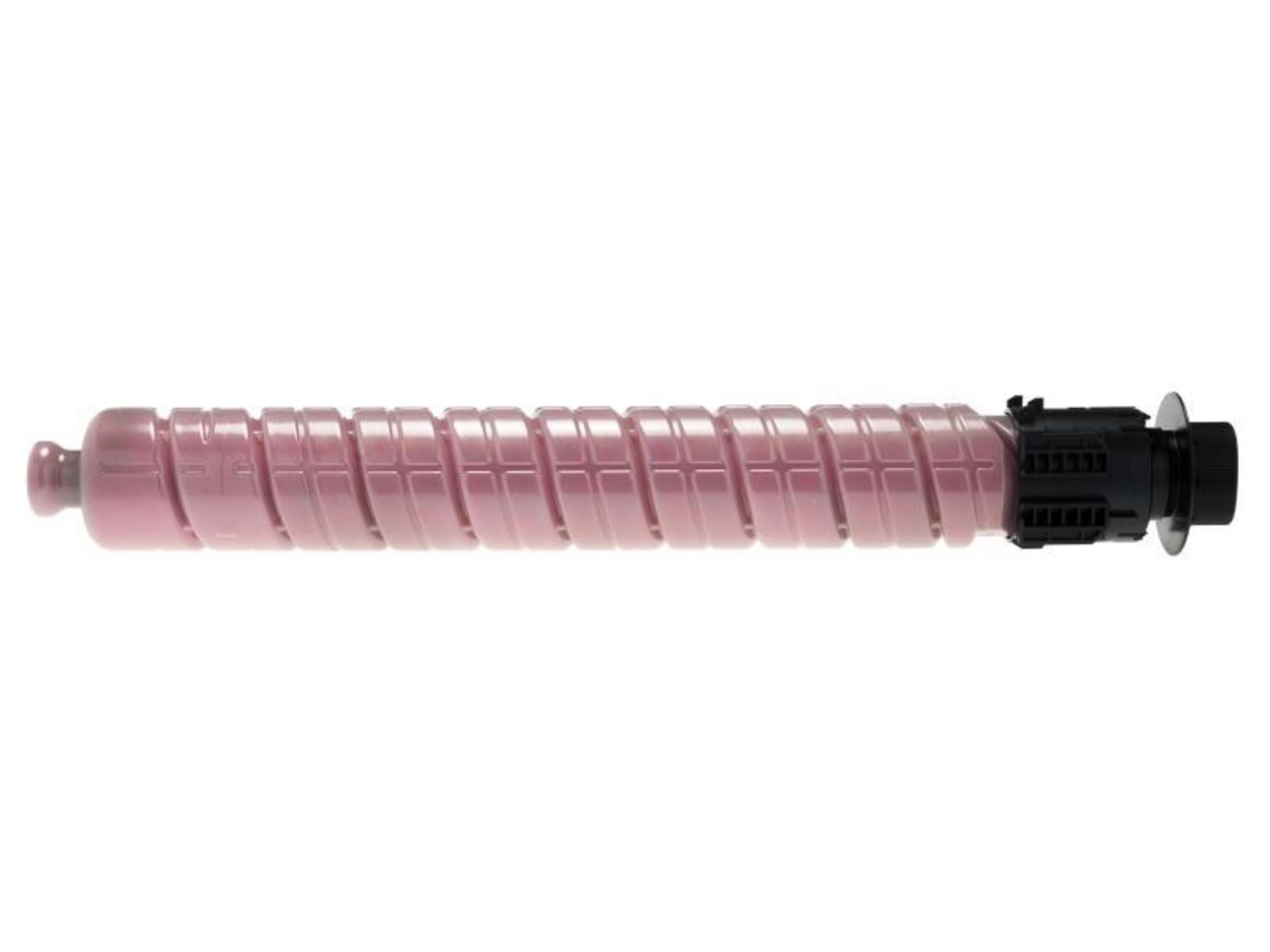 Una cartuccia toner rosa per stampante, isolata su sfondo bianco.
