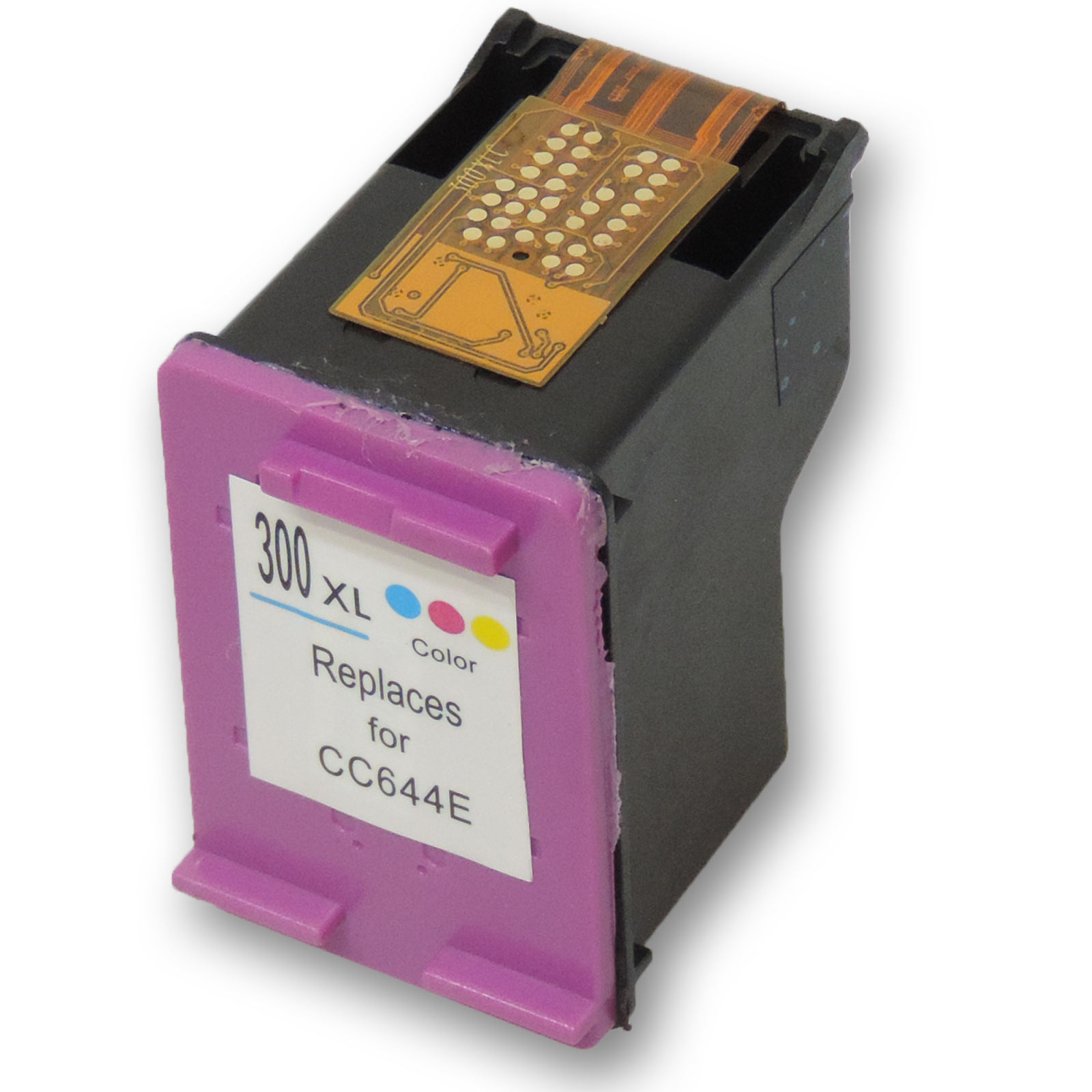 Ein schwarzer Tintenstrahl-Druckerpatronen-Kopf mit violetter Vorderseite und einem Chip.