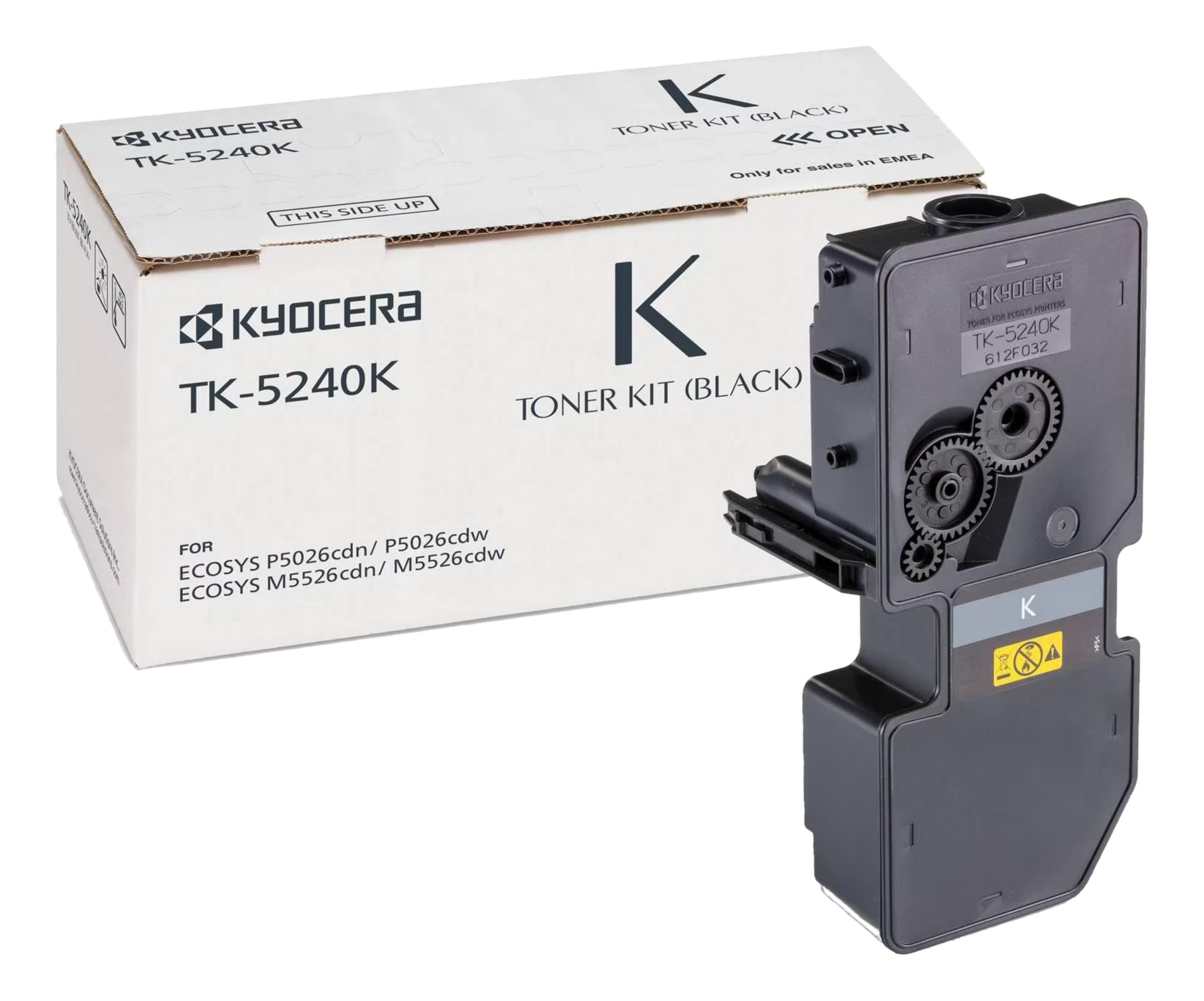 Cartouche de toner noir Kyocera TK-5240K à côté de sa boîte ouverte.